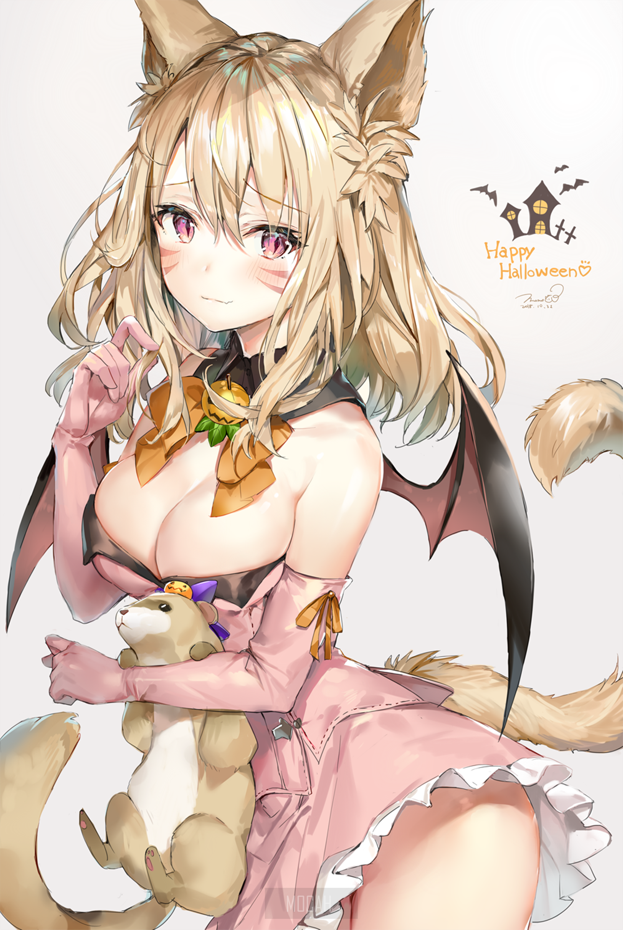 Anime girl with cat ears and bat wings holding a stuffed animal HD Phone Wallpaper