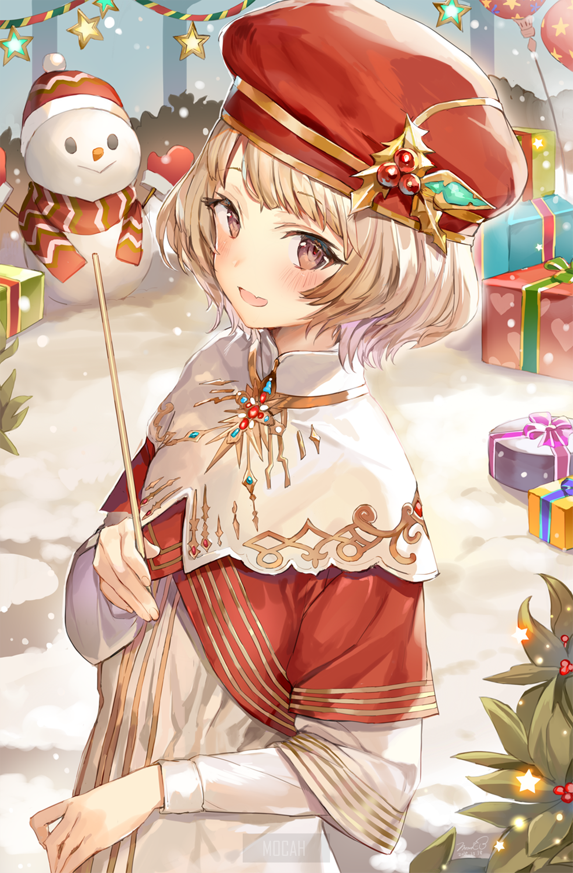 Anime girl in Christmas outfit holding a stick HD Phone Wallpaper