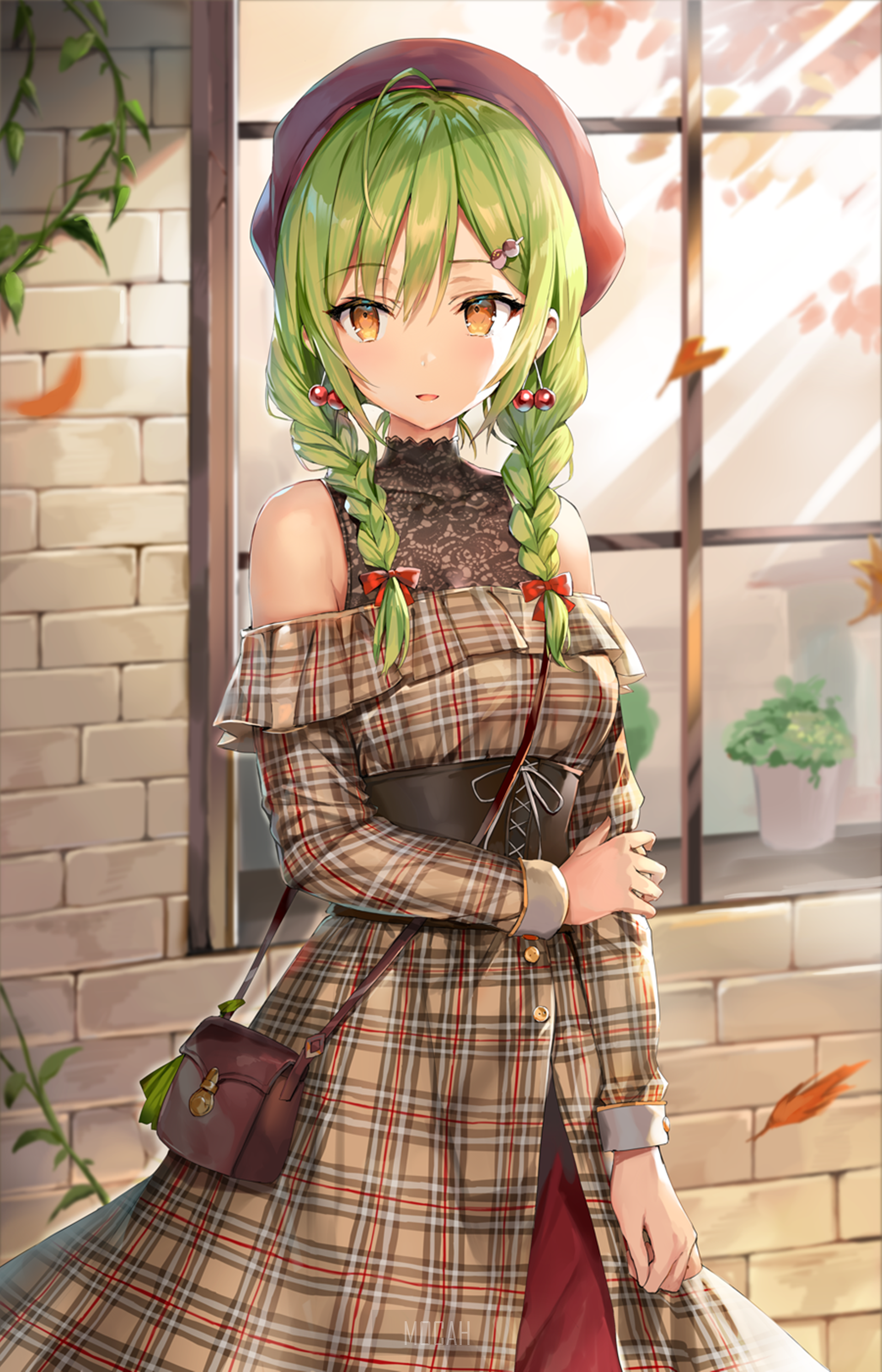 Anime girl with green hair and plaid dress HD Phone Wallpaper