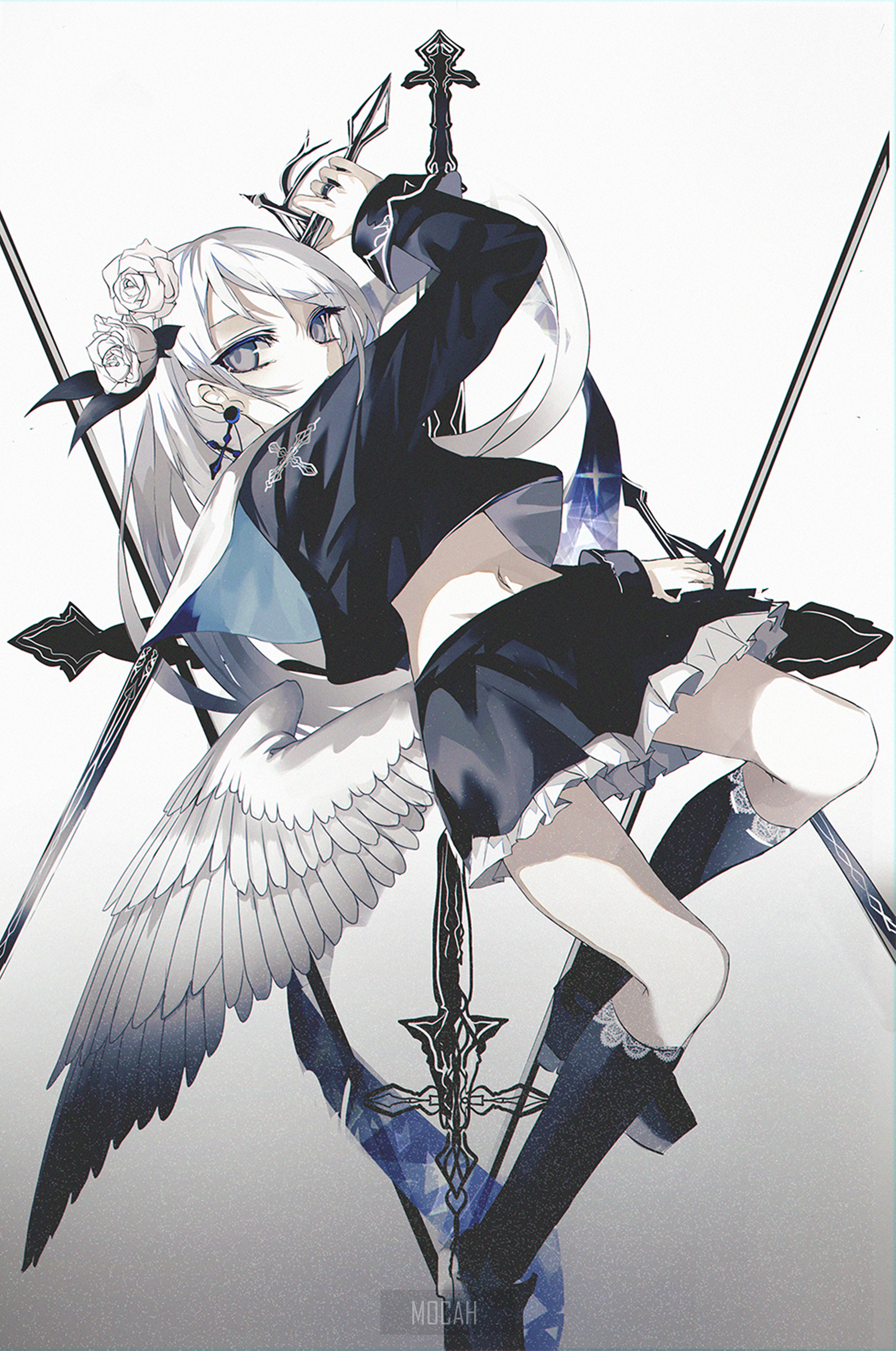 Anime girl with white hair and wings holding swords HD Phone Wallpaper