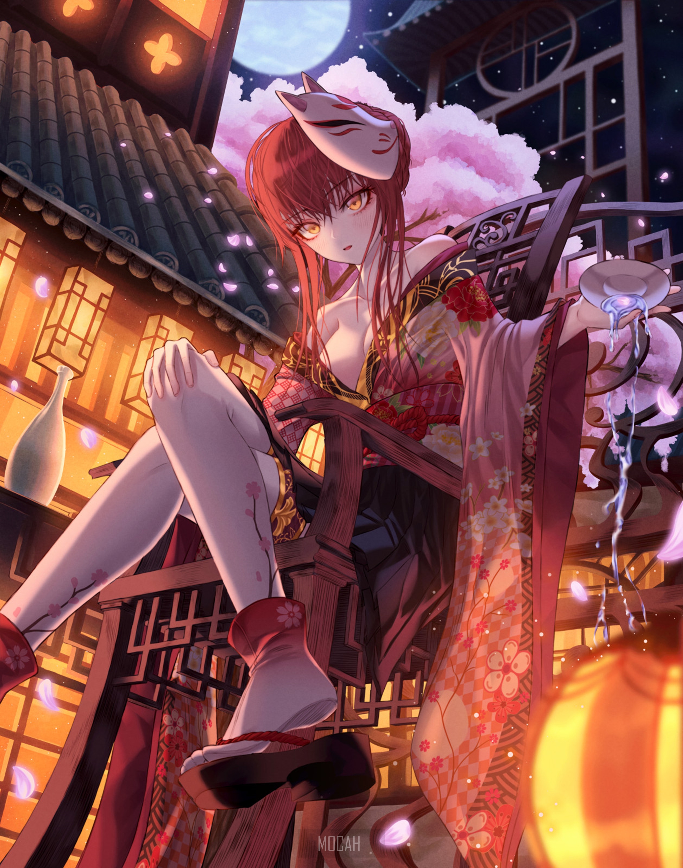Anime girl with fox mask in kimono holding drink HD Phone Wallpaper