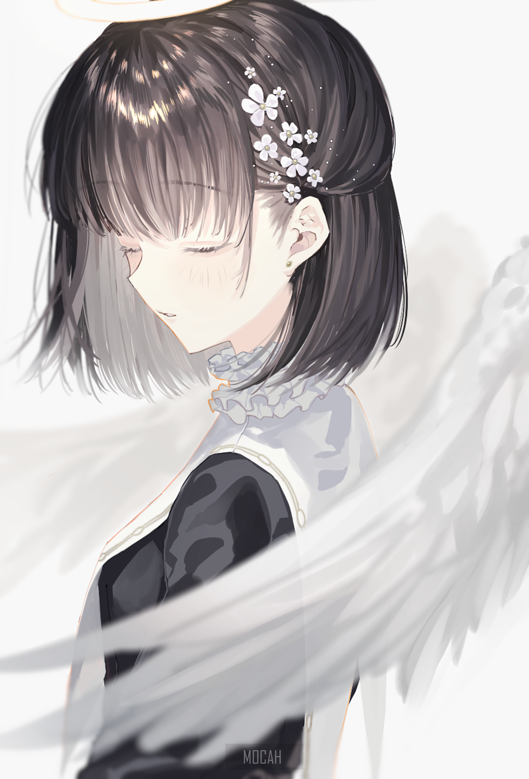 Anime girl with dark hair and wings HD Phone Wallpaper