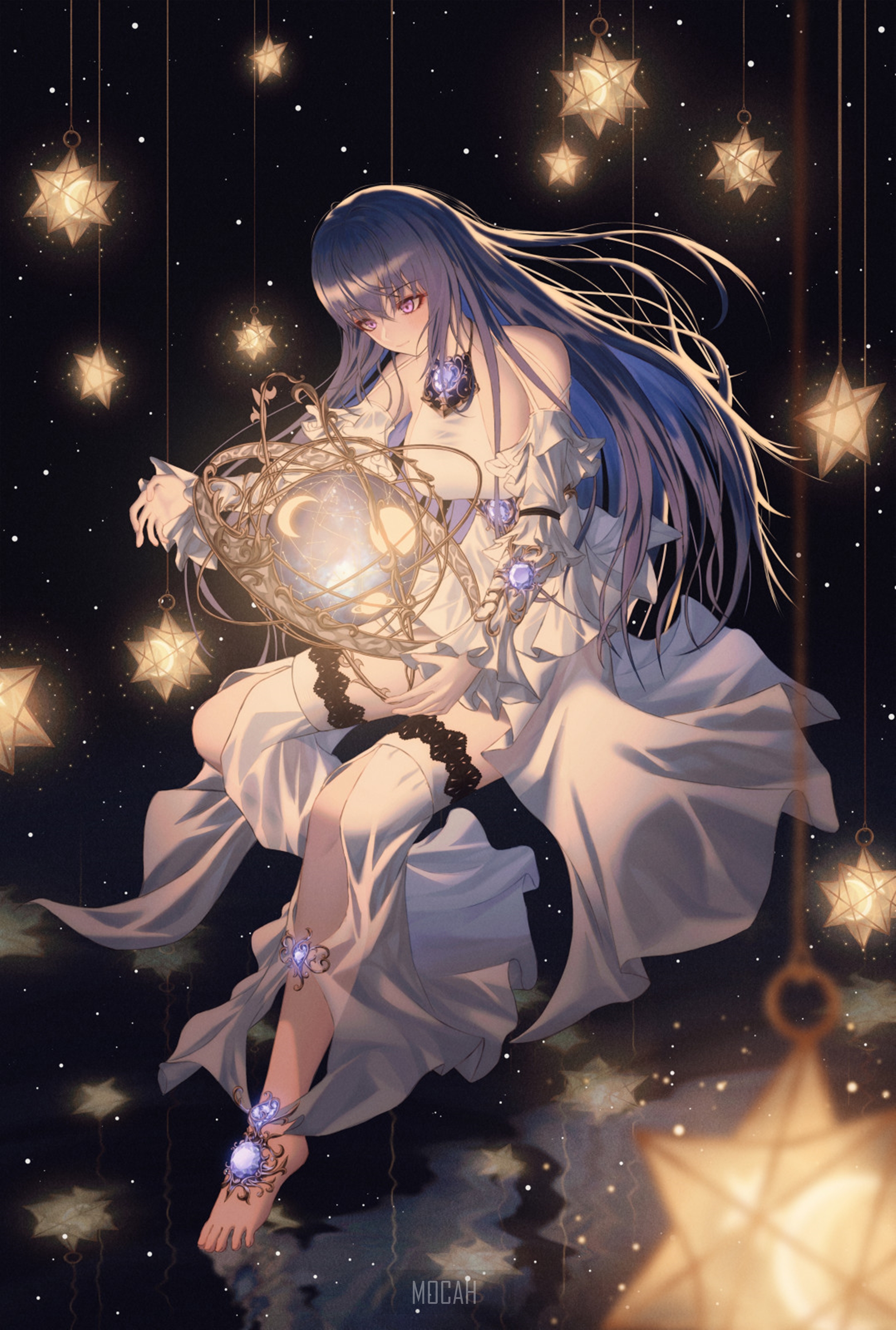 Anime girl with blue hair holding a celestial orb HD Phone Wallpaper