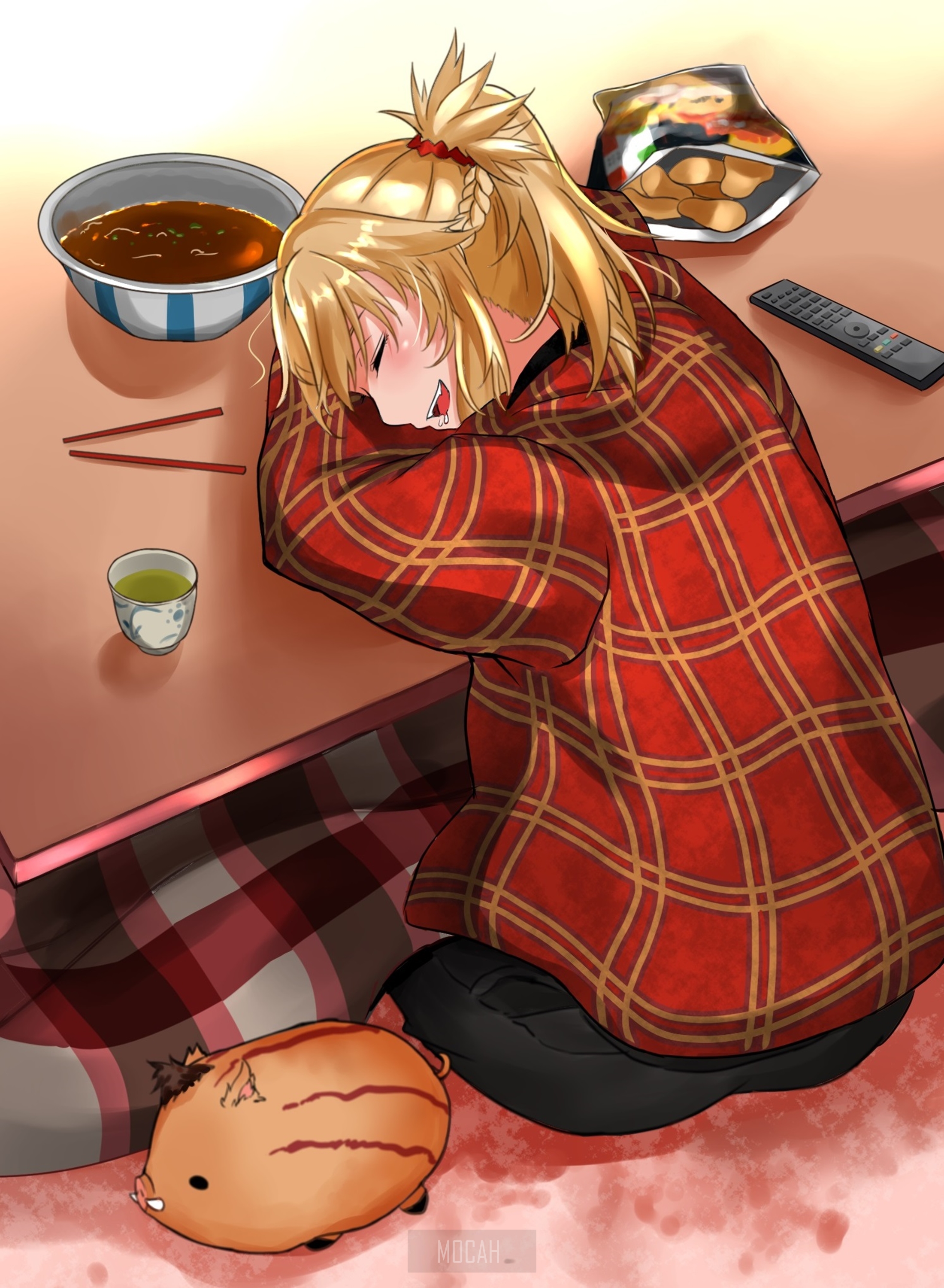 Mordred from Fate/Grand Order sleeping by a table HD Phone Wallpaper