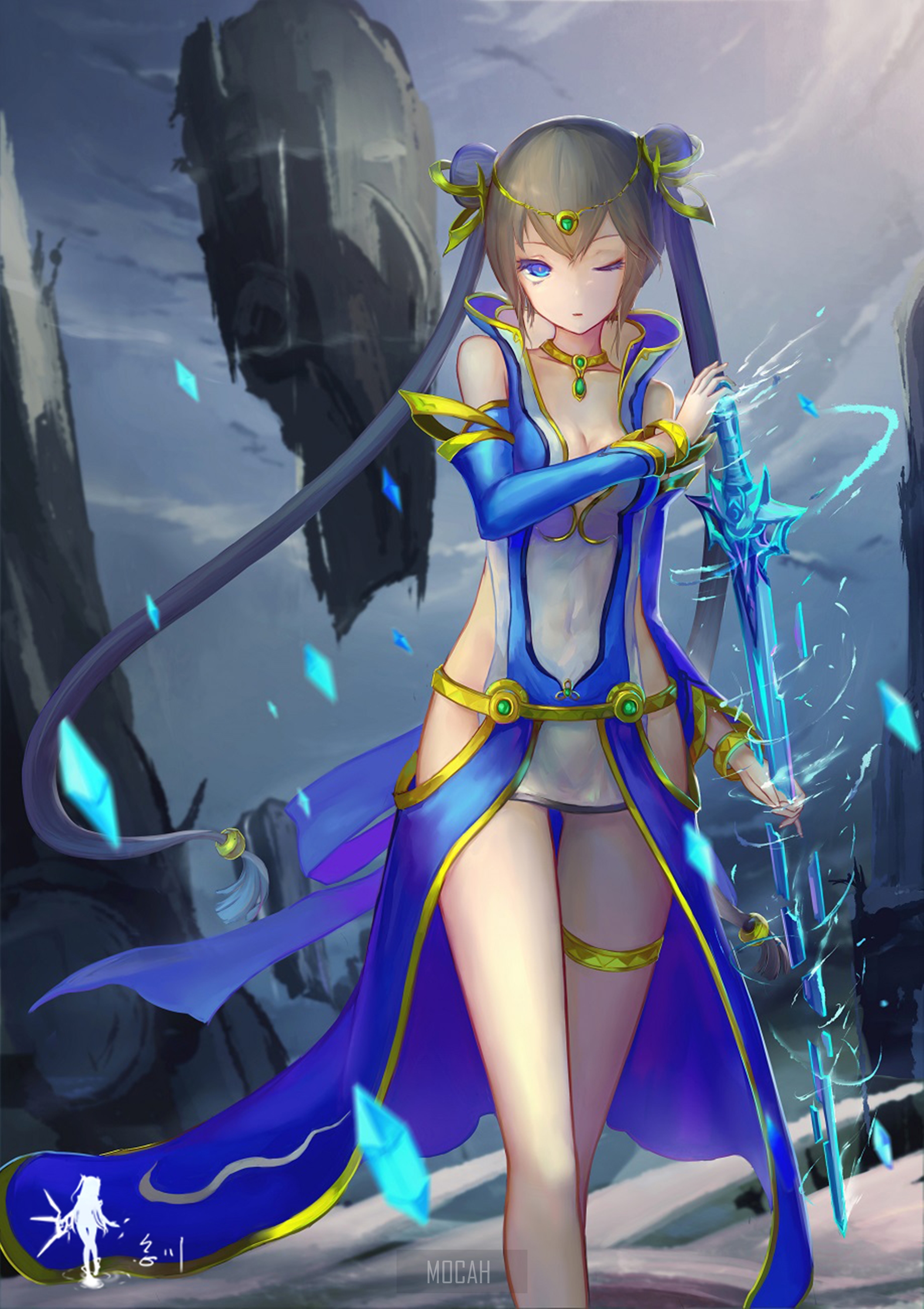 Anime girl with blue dress and sword HD Phone Wallpaper