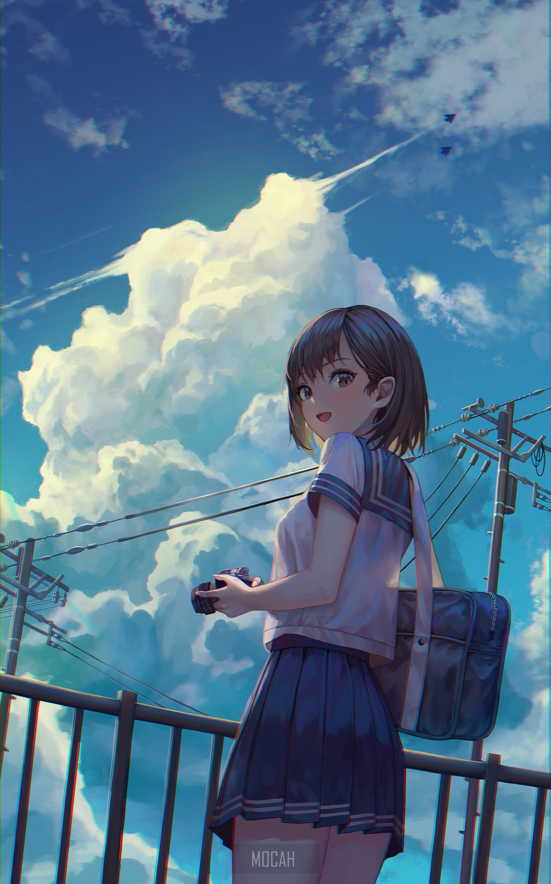 Anime girl with short hair holding a camera under the clouds HD Phone Wallpaper