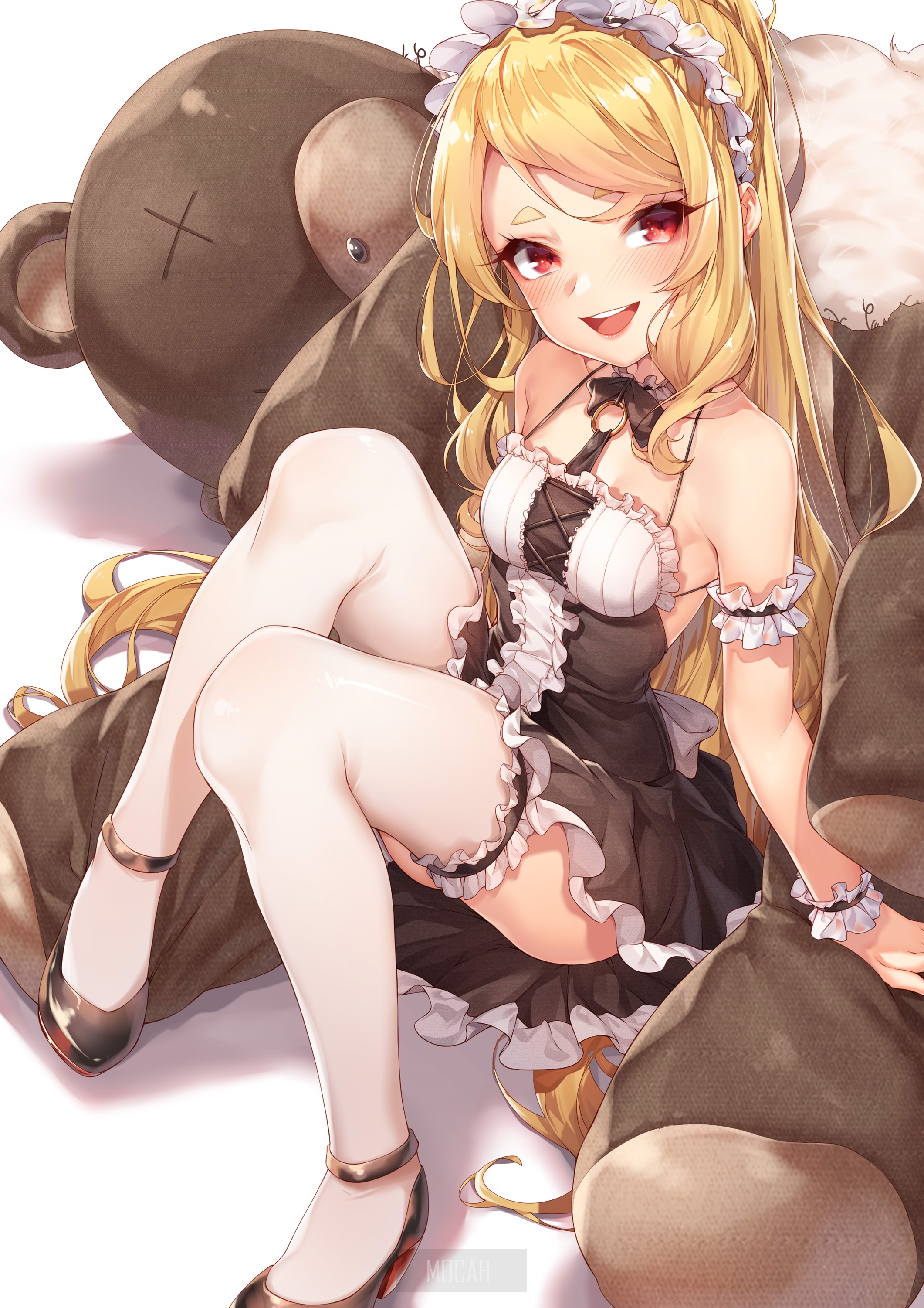Anime girl with blonde hair and red eyes in a maid outfit HD Phone Wallpaper