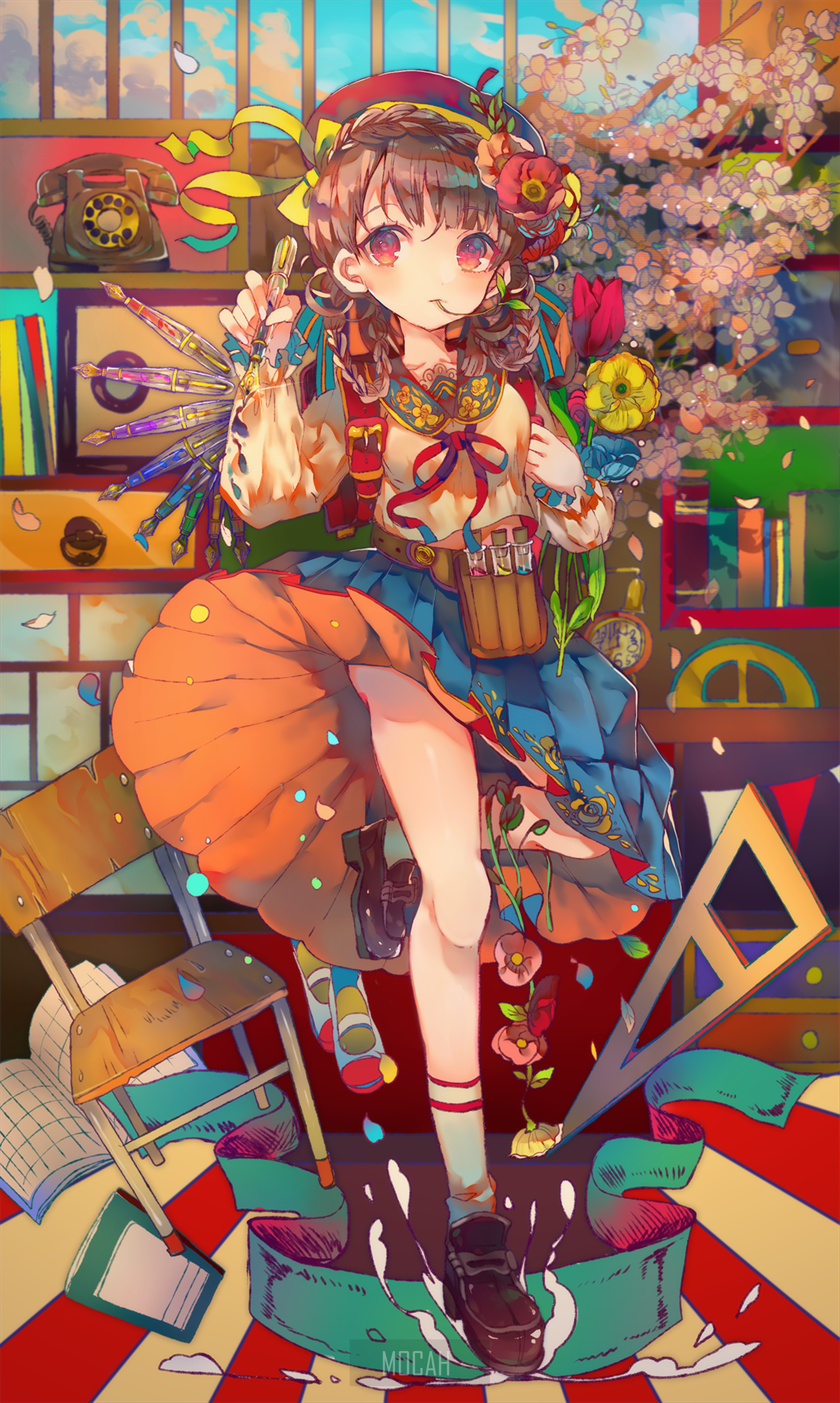 Anime girl with art supplies and school items HD Phone Wallpaper
