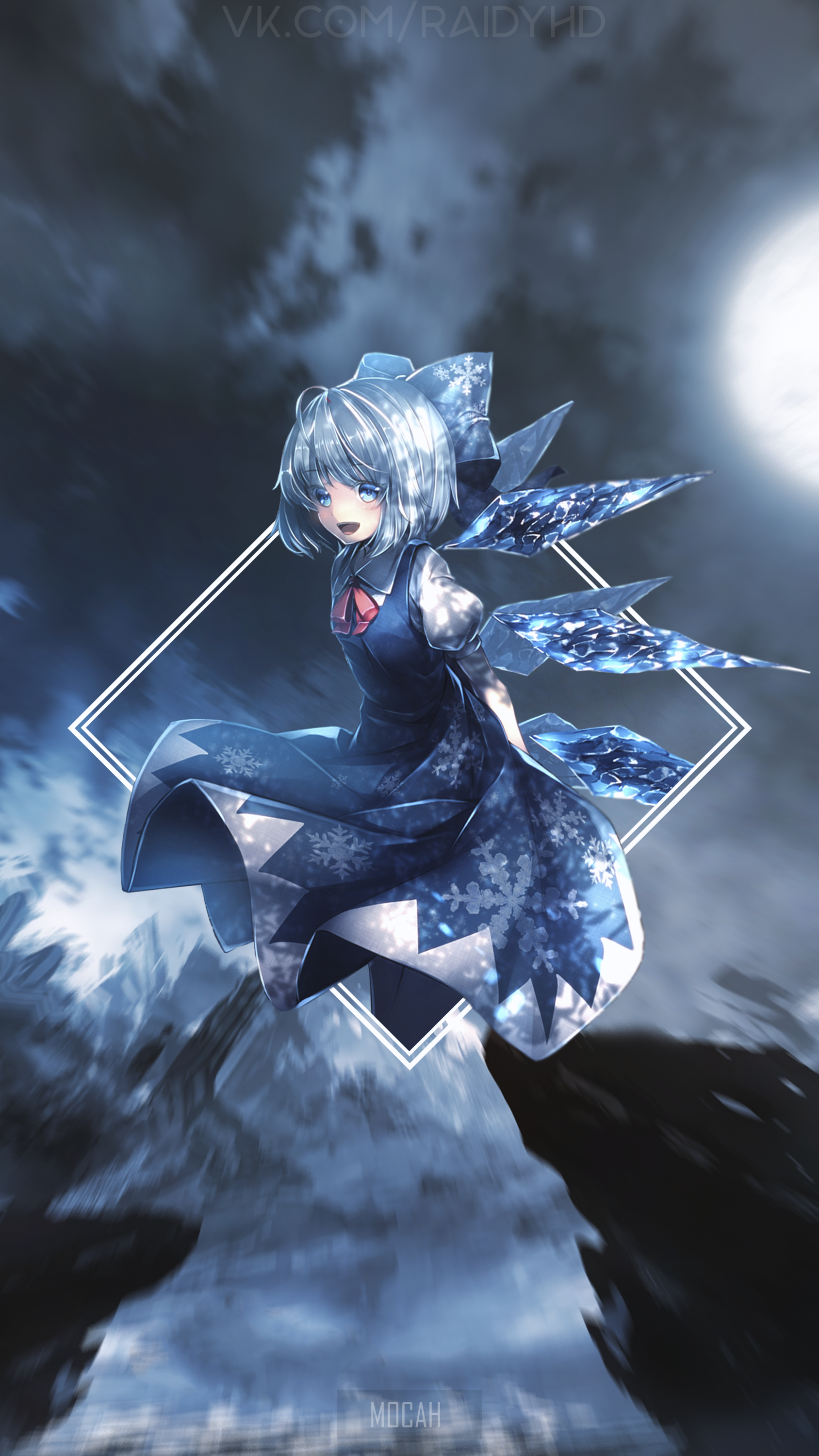 Cirno from Touhou Project in a snowy landscape HD Phone Wallpaper