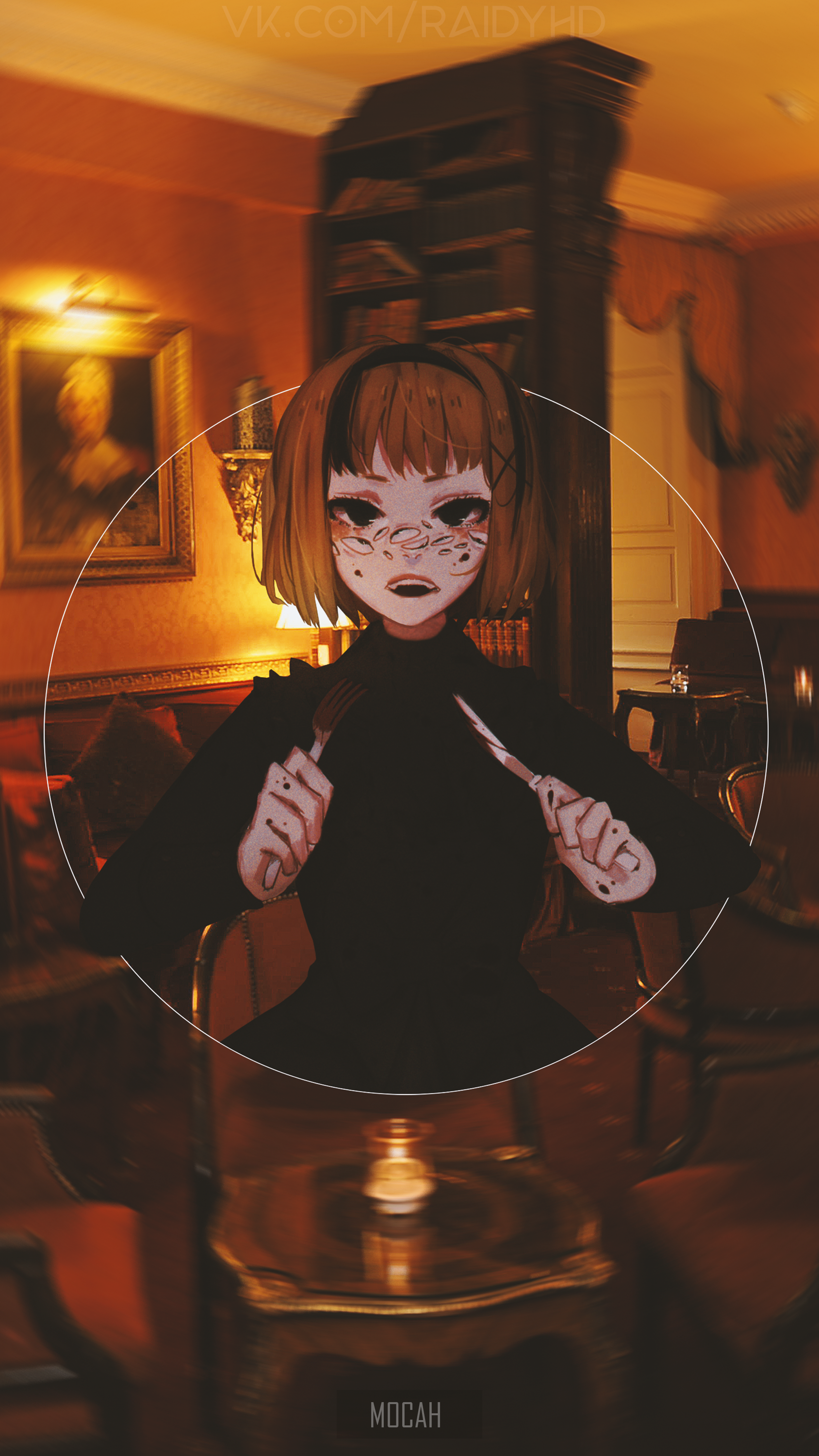 Anime girl with fork and knife in a room HD Phone Wallpaper