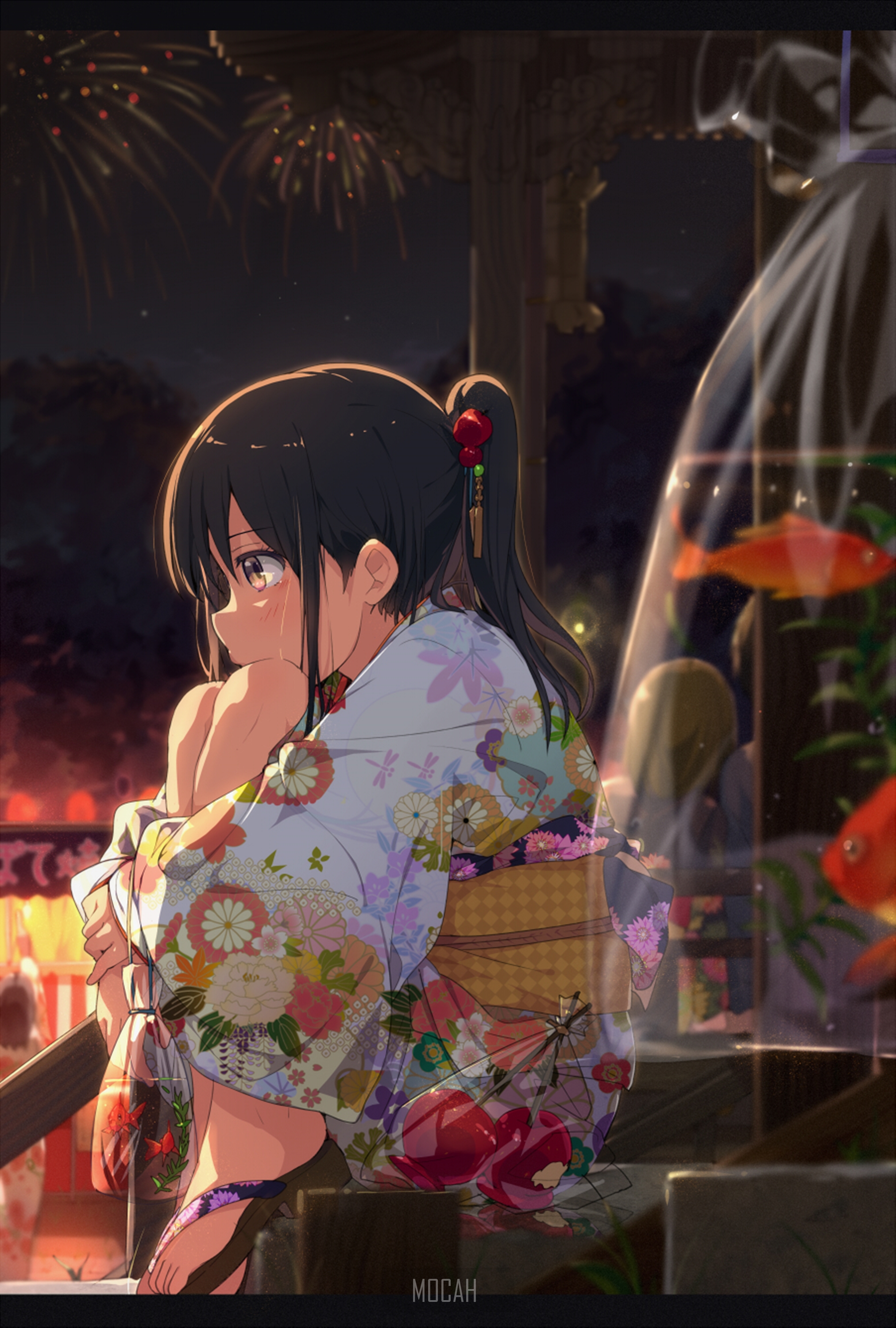 Anime girl in kimono watching fireworks and goldfish HD Phone Wallpaper