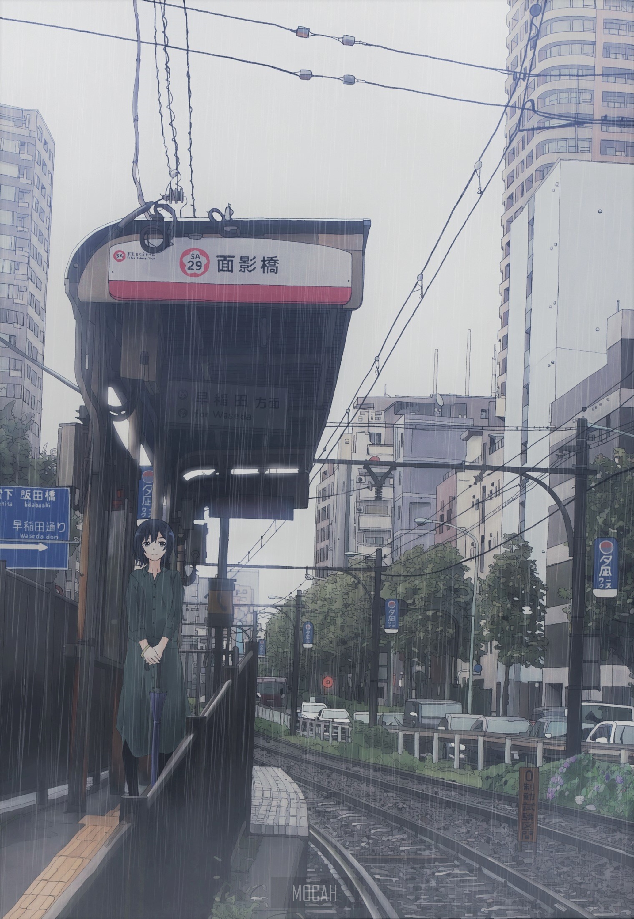 Anime girl at a train station in the rain HD Phone Wallpaper