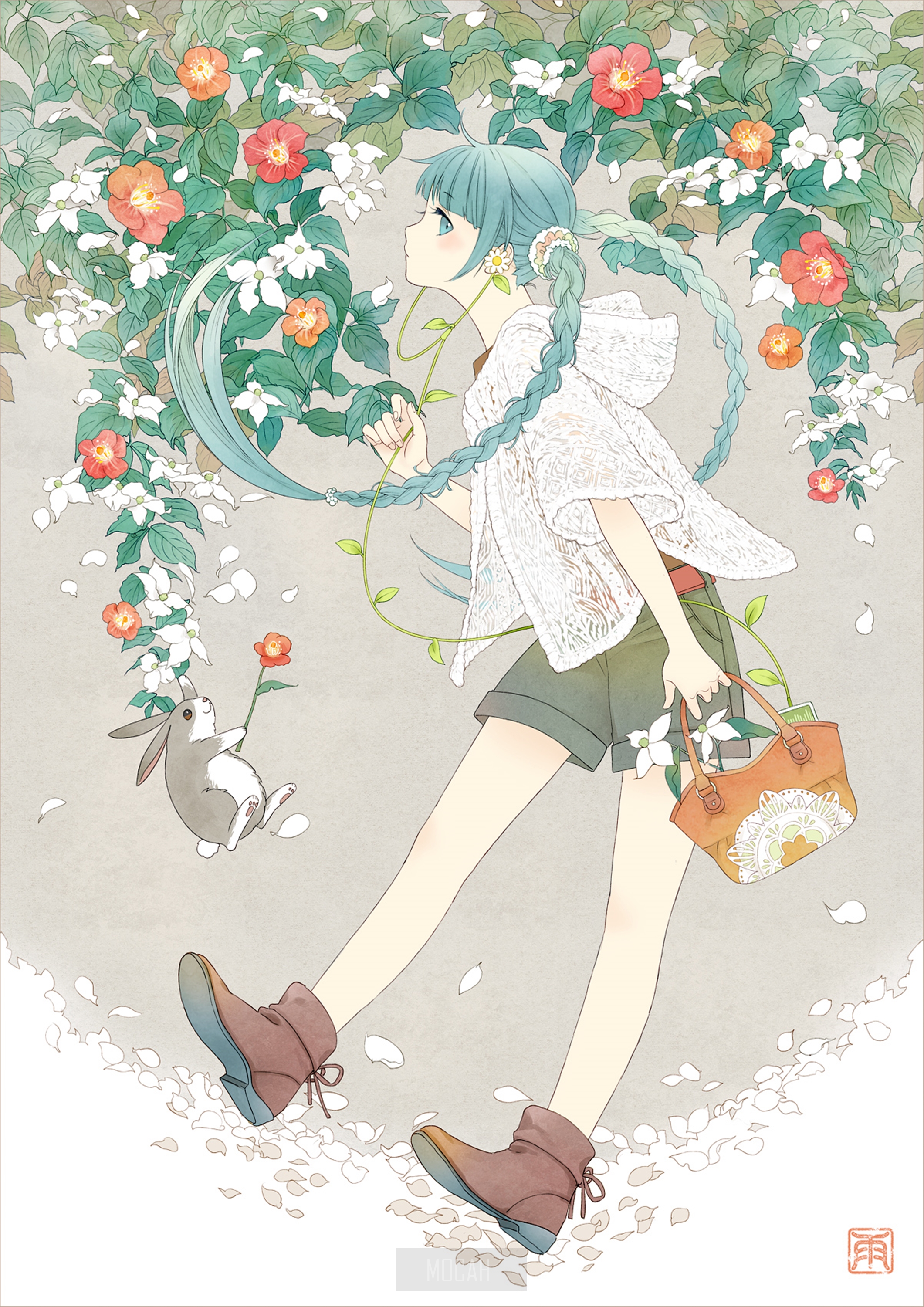 Anime girl with blue hair and rabbit among flowers HD Phone Wallpaper