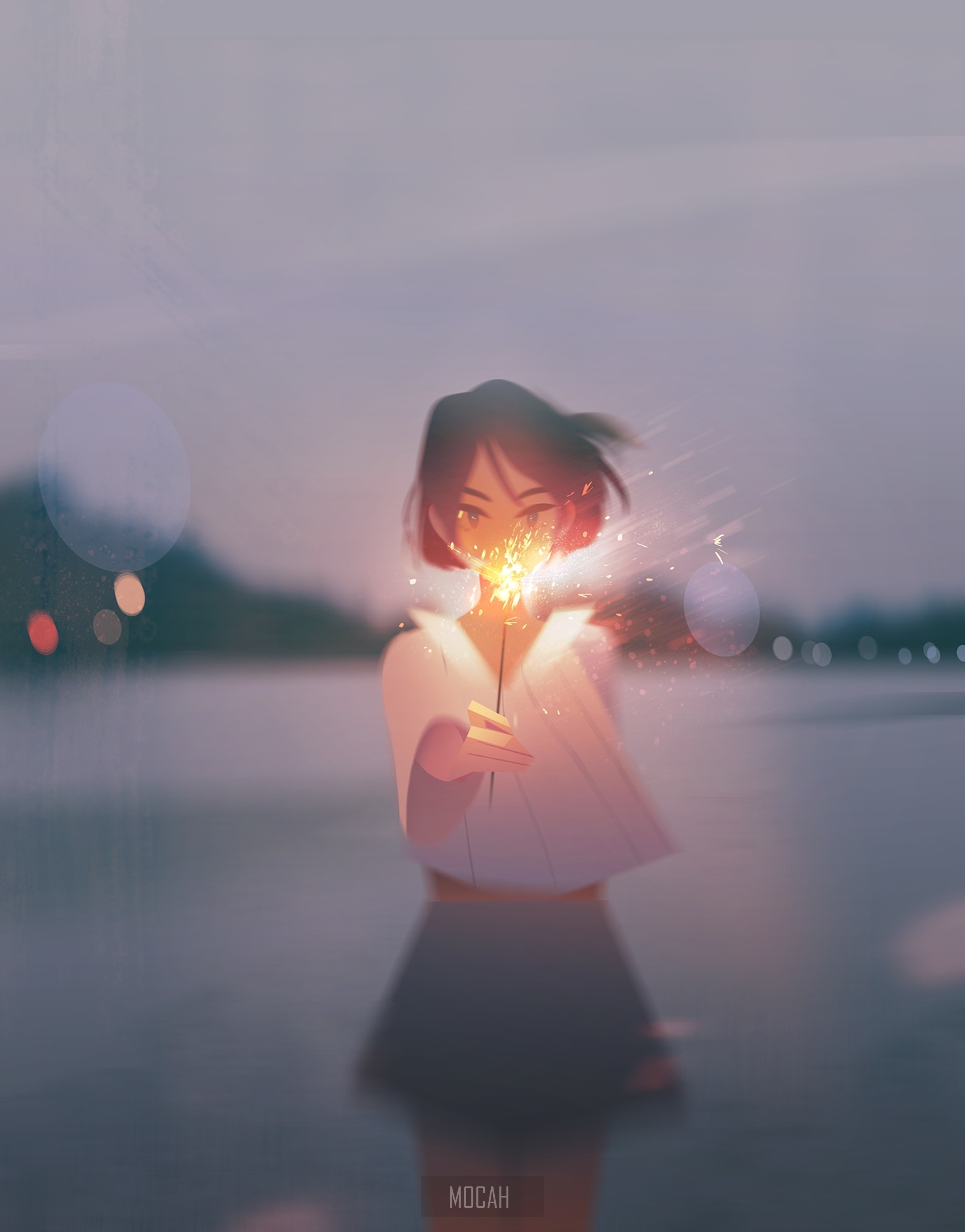 Anime Girl Holding Sparkler in Soft Light HD Phone Wallpaper