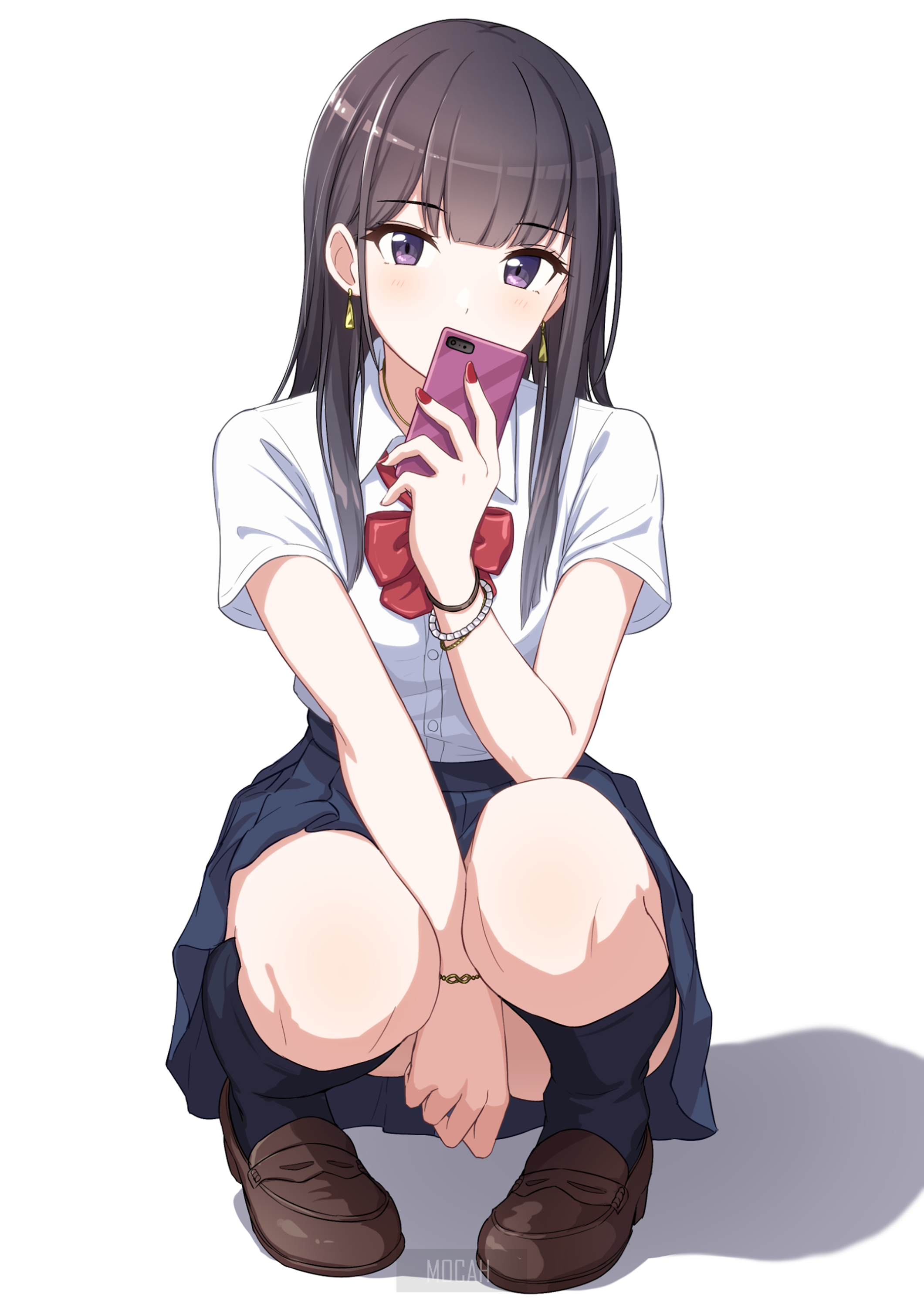 Anime girl with black hair and purple eyes holding a phone HD Phone Wallpaper