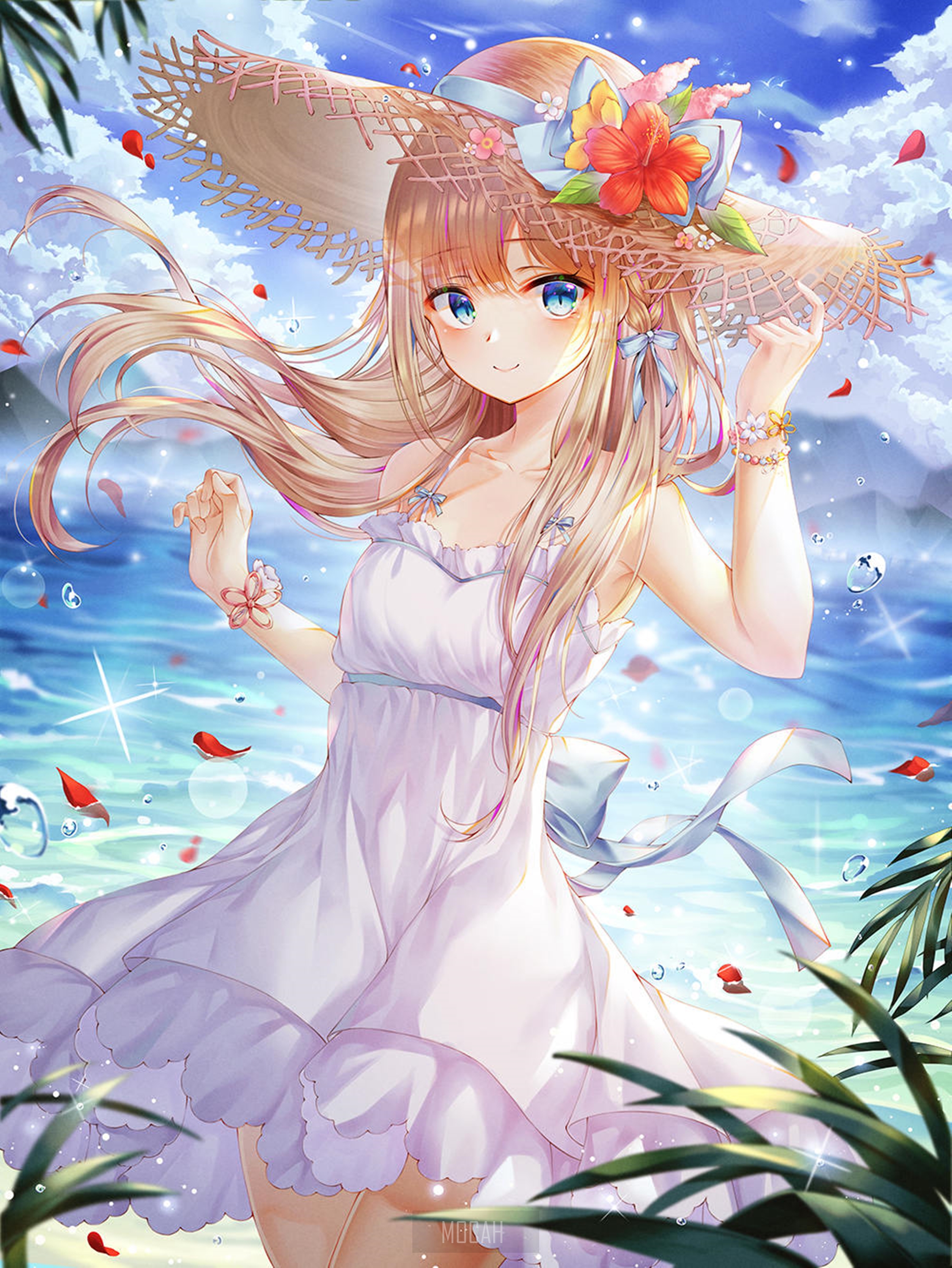 Anime girl in a white dress and hat at the beach HD Phone Wallpaper