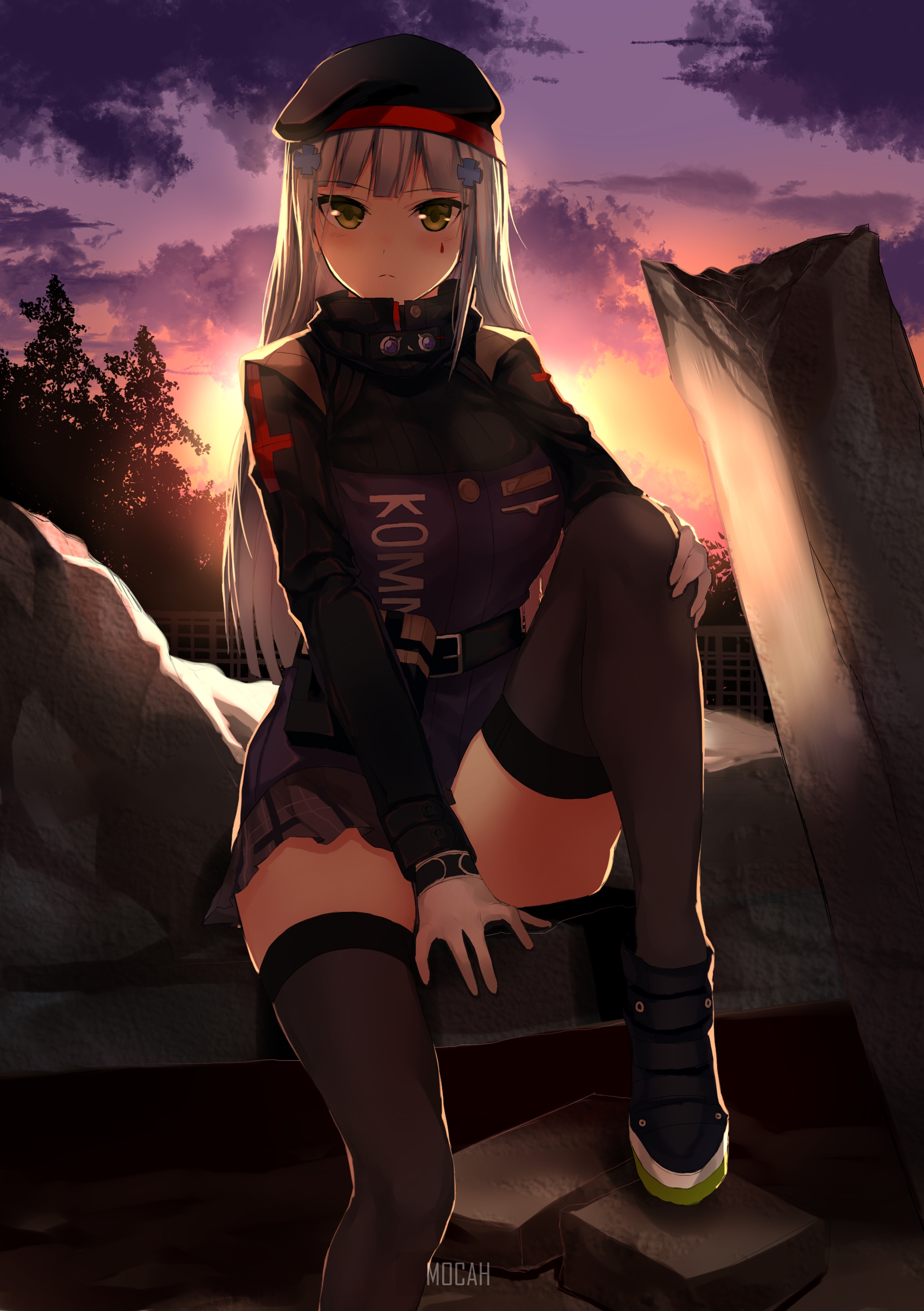 HK416 from Girls Frontline sitting among ruins at sunset HD Phone Wallpaper