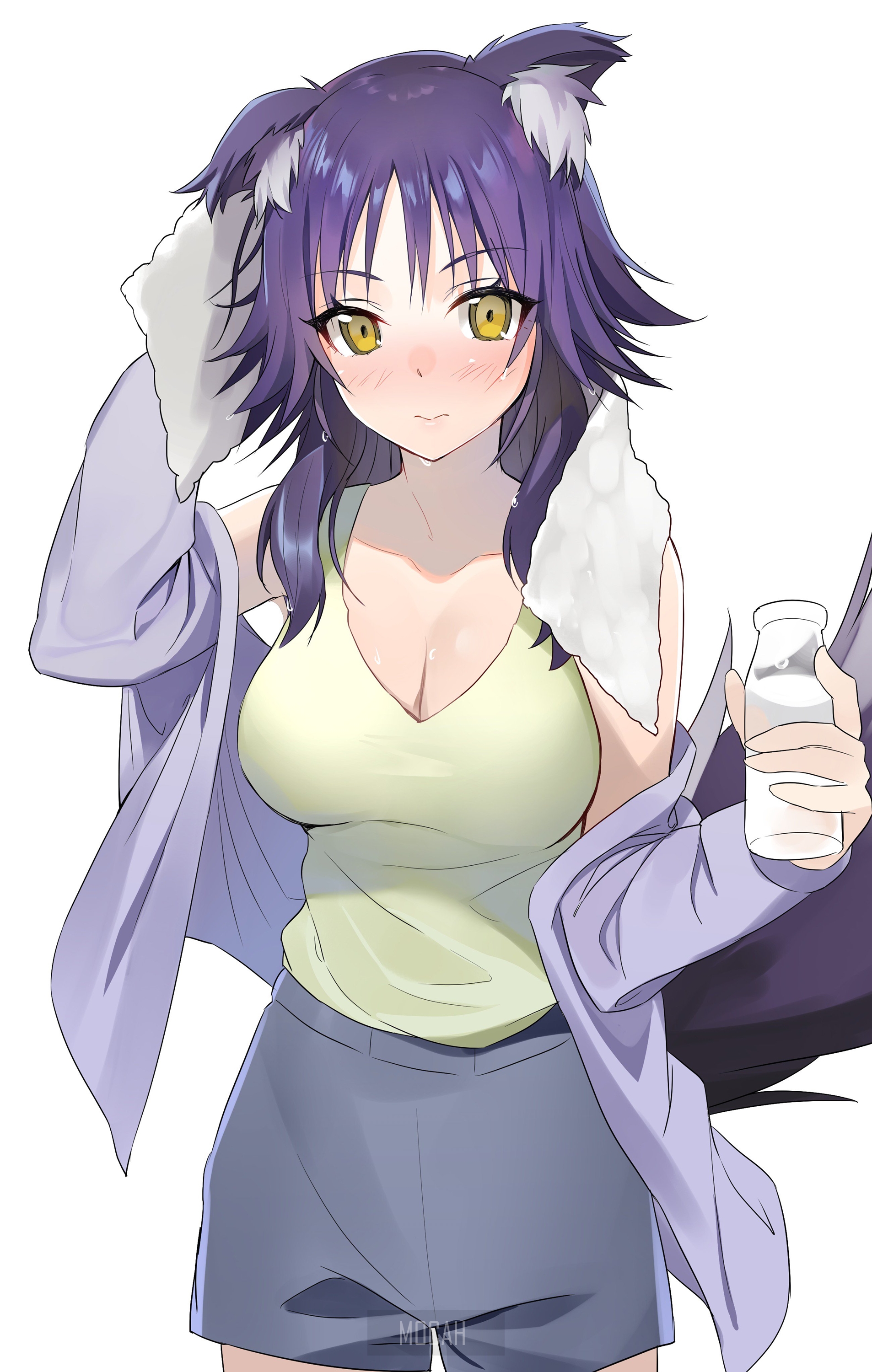Anime girl with purple hair and animal ears holding milk HD Phone Wallpaper