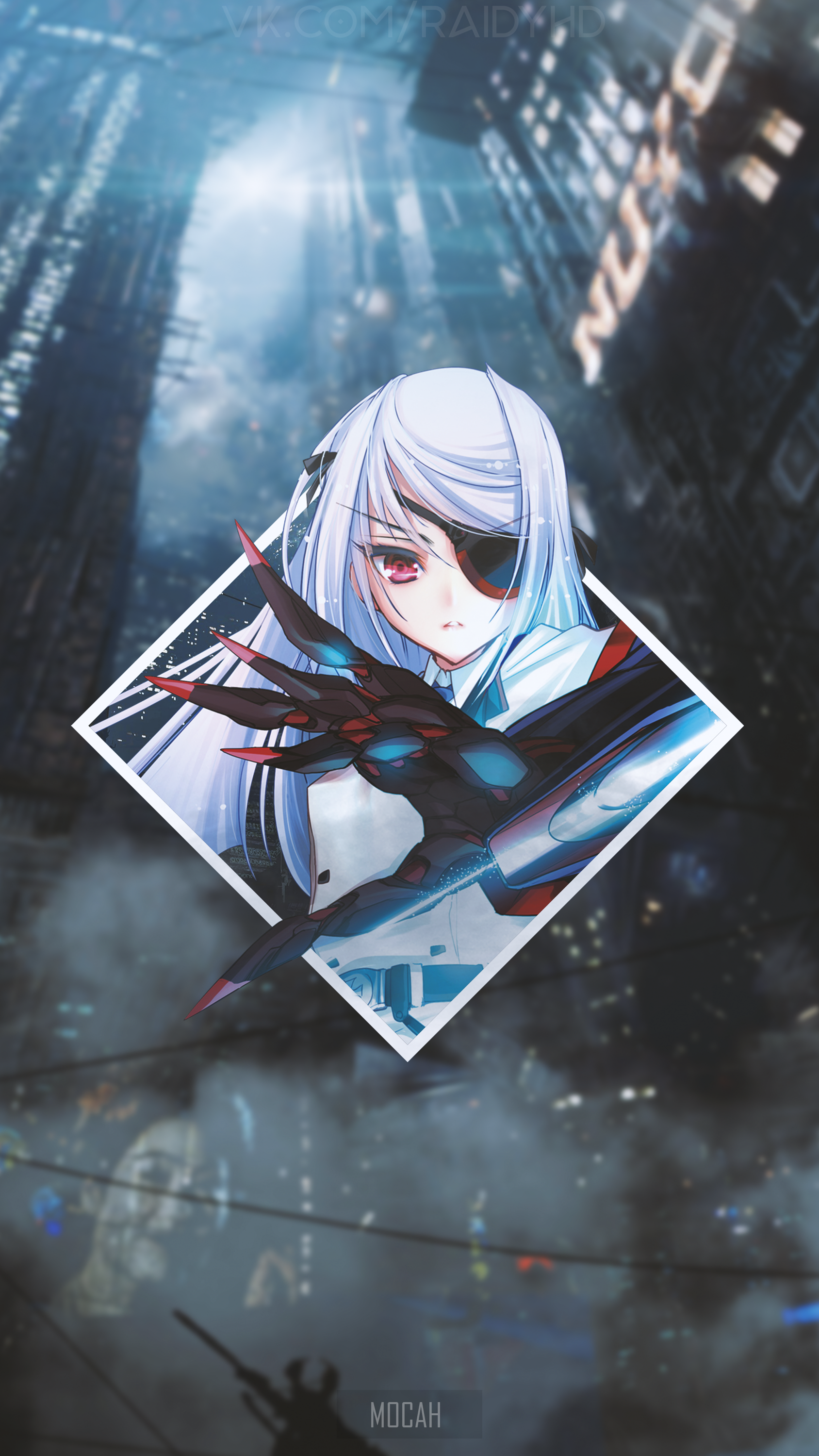 Anime girl with cybernetic arm in futuristic city HD Phone Wallpaper