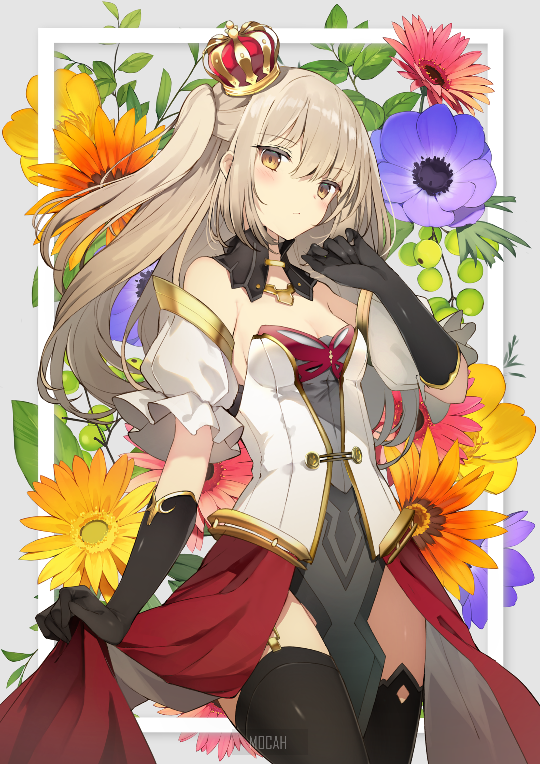 Anime girl with blonde ponytail and crown surrounded by flowers HD Phone Wallpaper