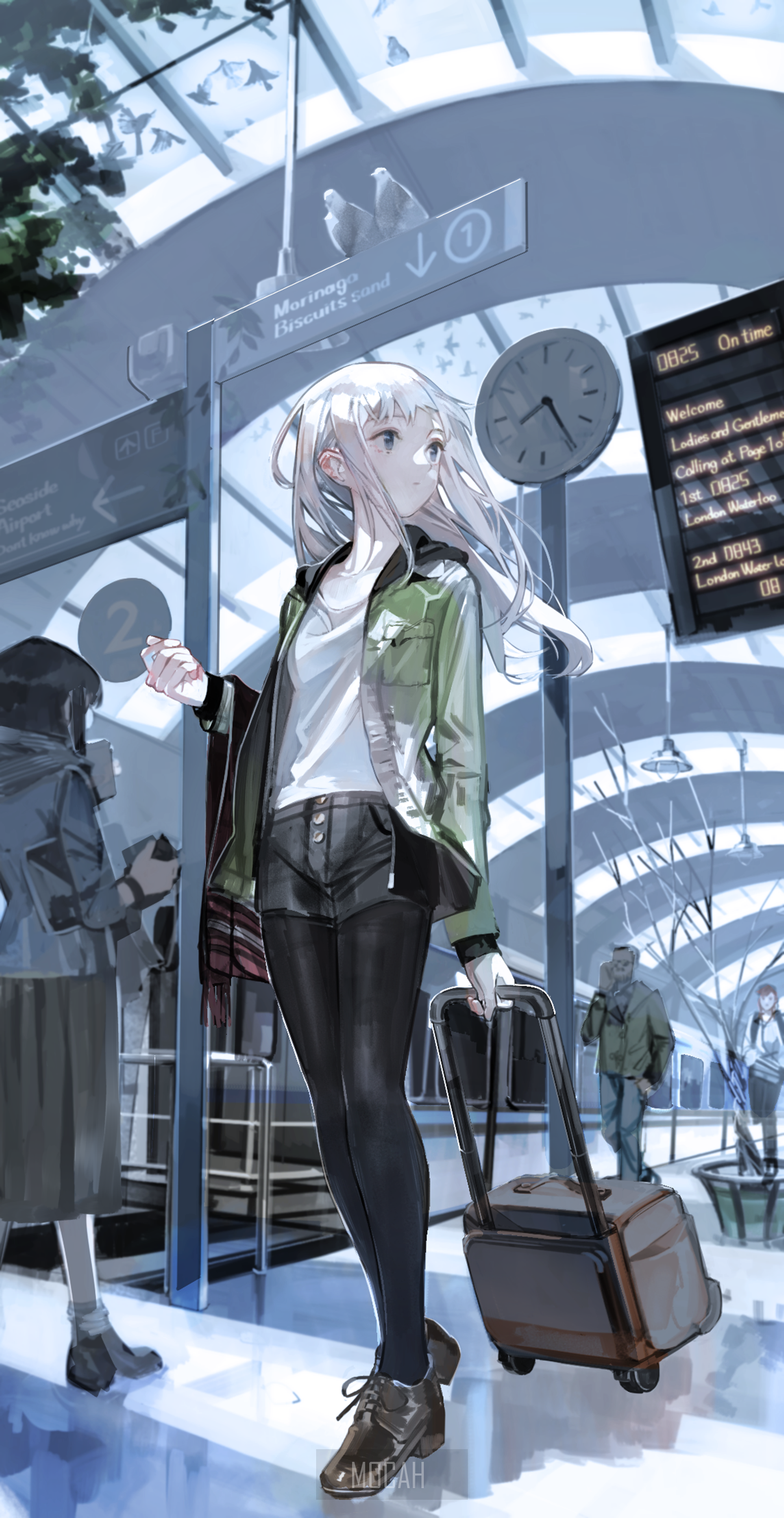 Anime girl with white hair at a train station HD Phone Wallpaper
