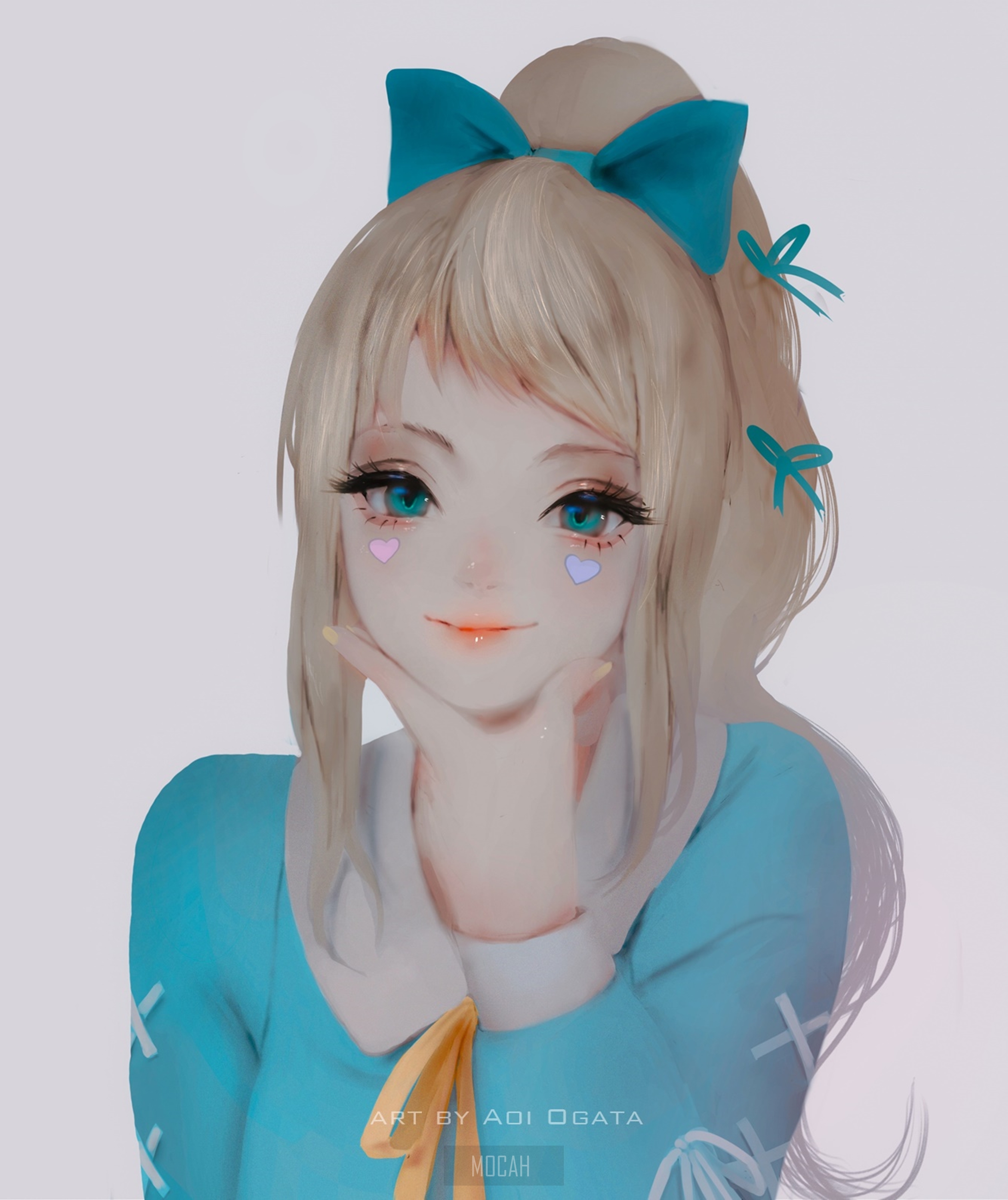 Aoi Ogata Anime Girl with Blue Bows HD Phone Wallpaper
