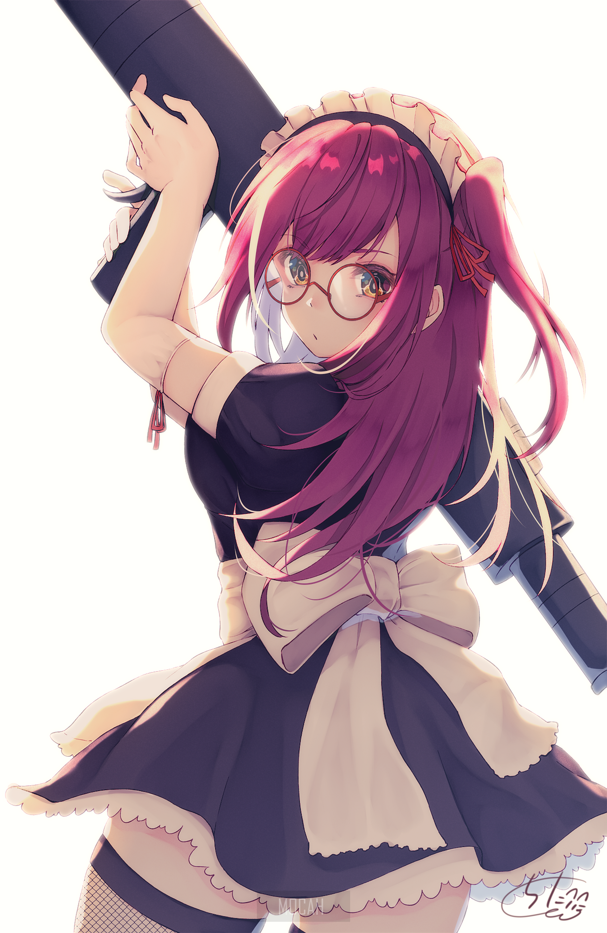 Anime girl with purple hair, glasses, and maid outfit holding a bazooka HD Phone Wallpaper