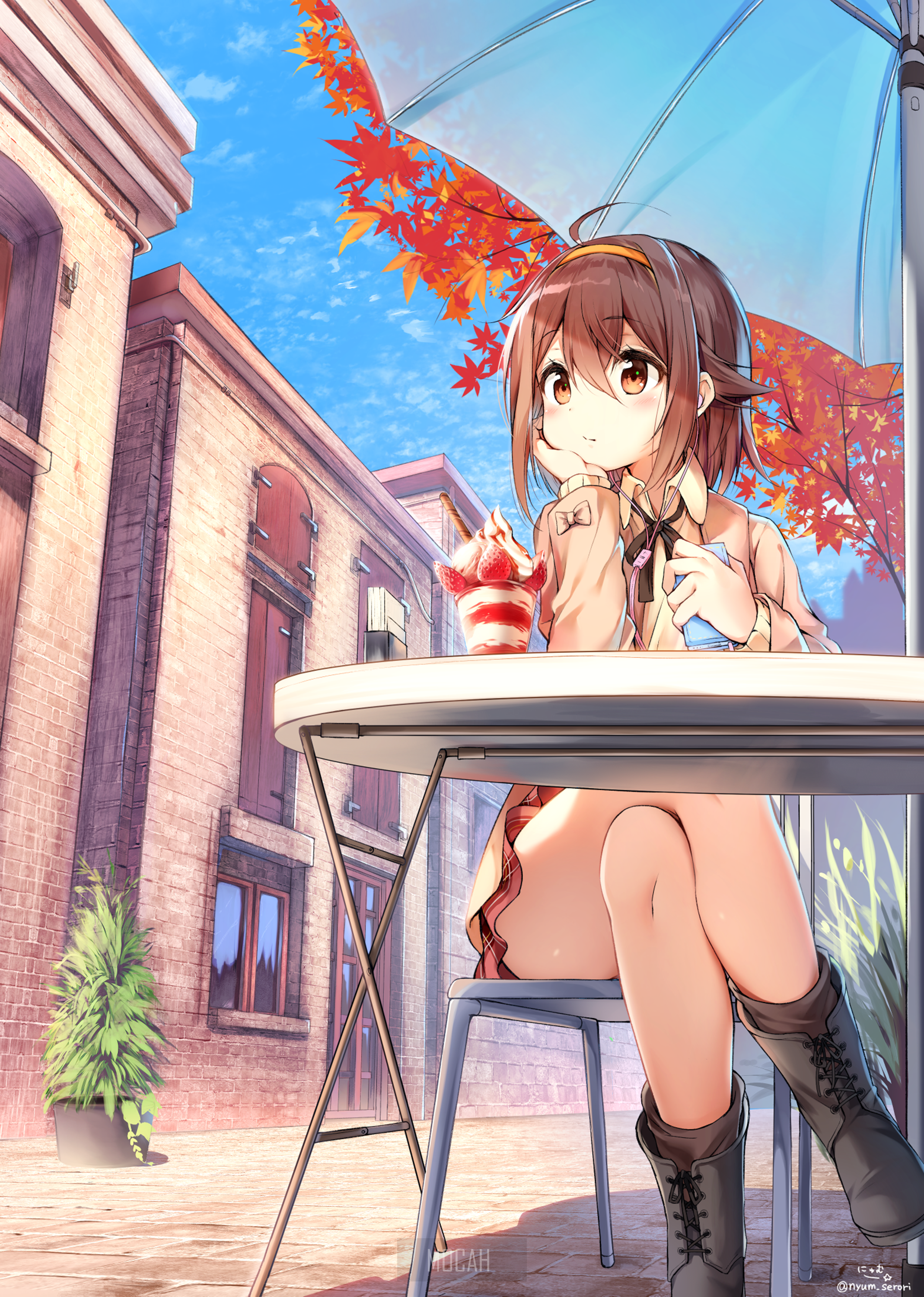 Anime girl with brown hair and eyes at a cafe HD Phone Wallpaper