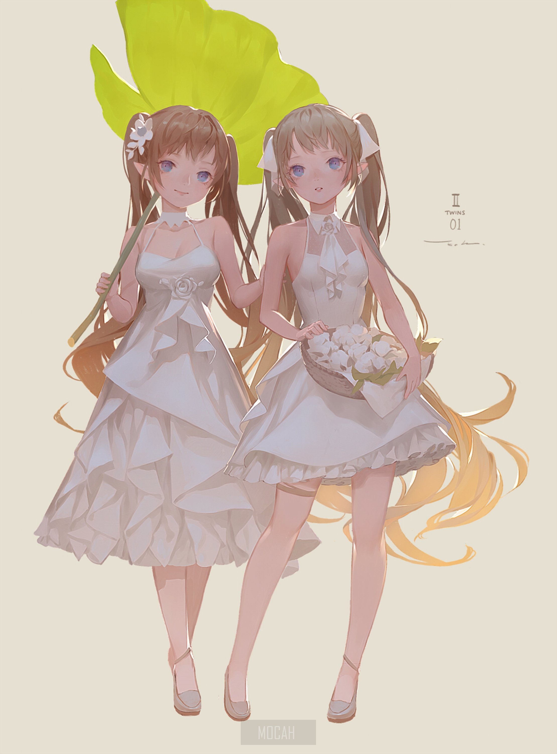 Anime twins in white dresses holding flowers and a large leaf HD Phone Wallpaper
