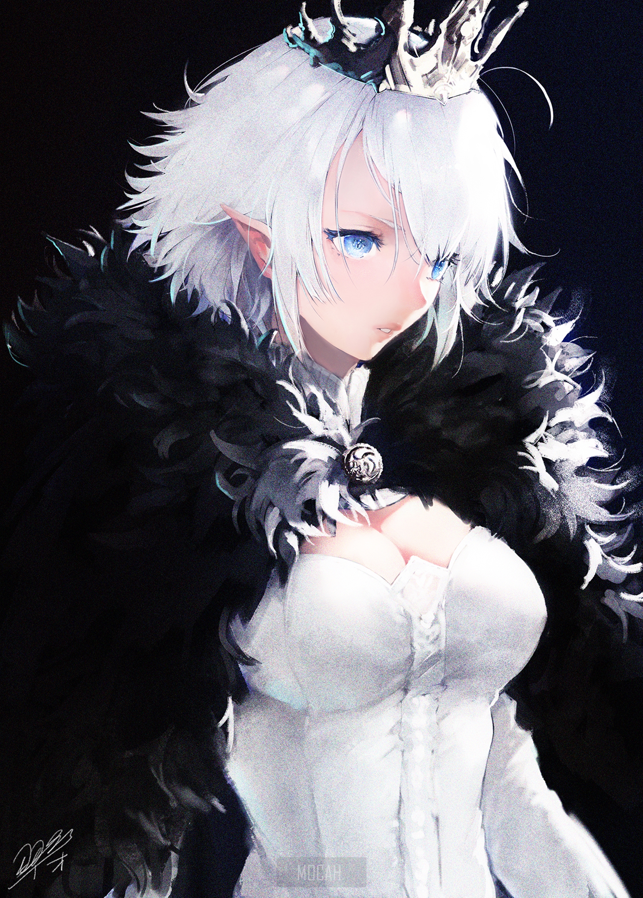 Anime girl with white hair, blue eyes, and crown HD Phone Wallpaper