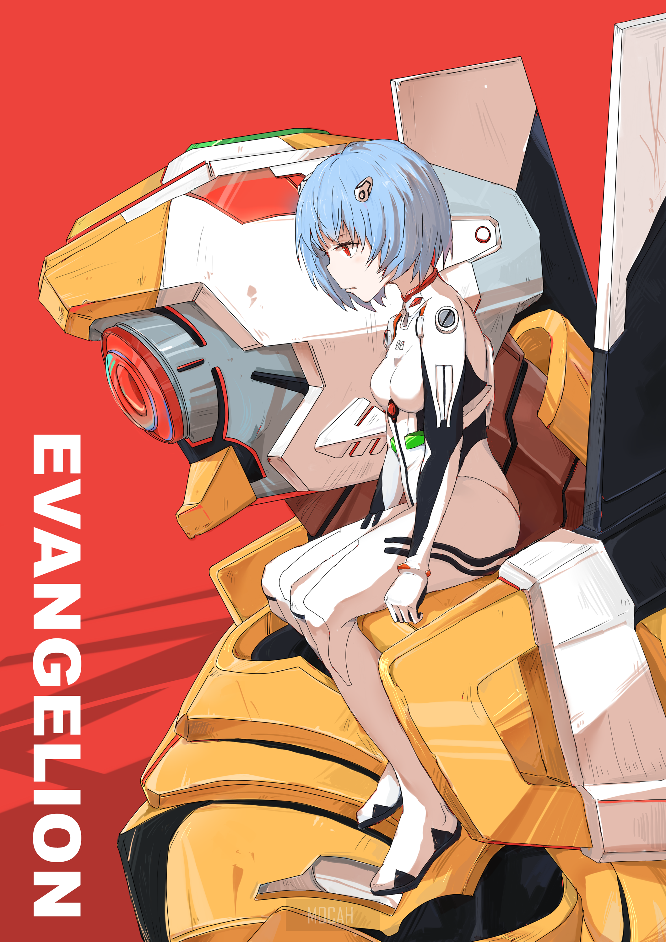 Rei Ayanami from Neon Genesis Evangelion sitting on EVA Unit 00 HD Phone Wallpaper