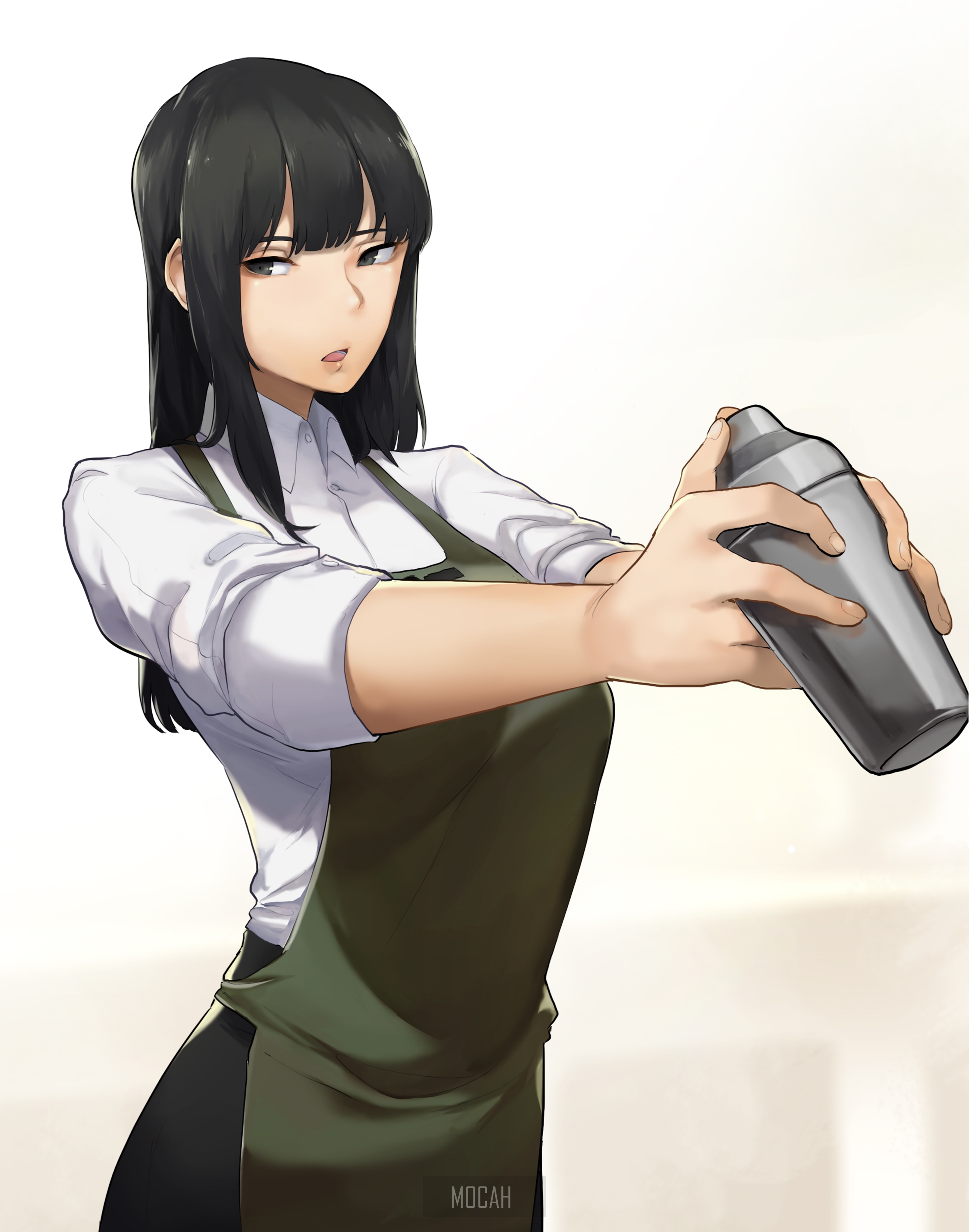 Anime girl with dark hair holding a cocktail shaker HD Phone Wallpaper