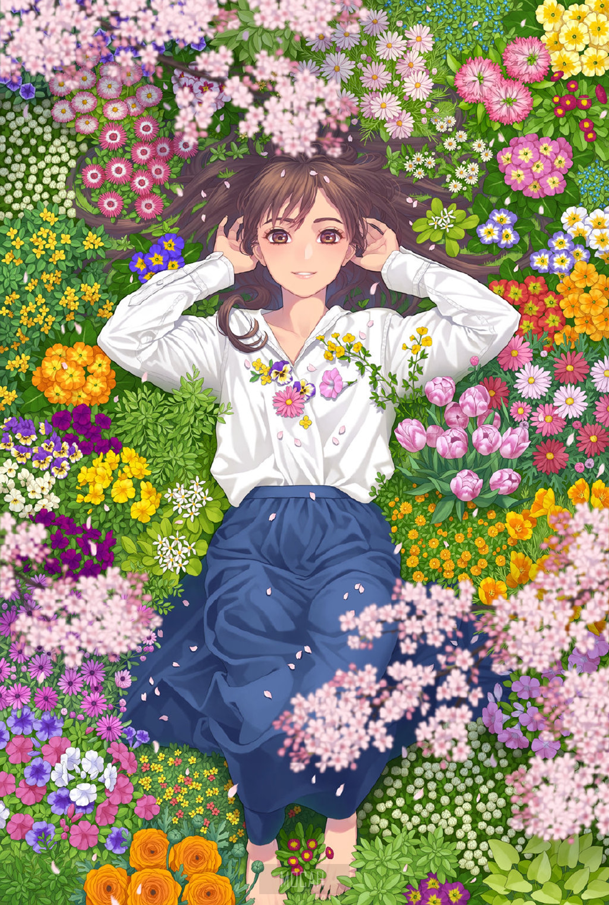 Anime girl lying in a field of colorful flowers HD Phone Wallpaper
