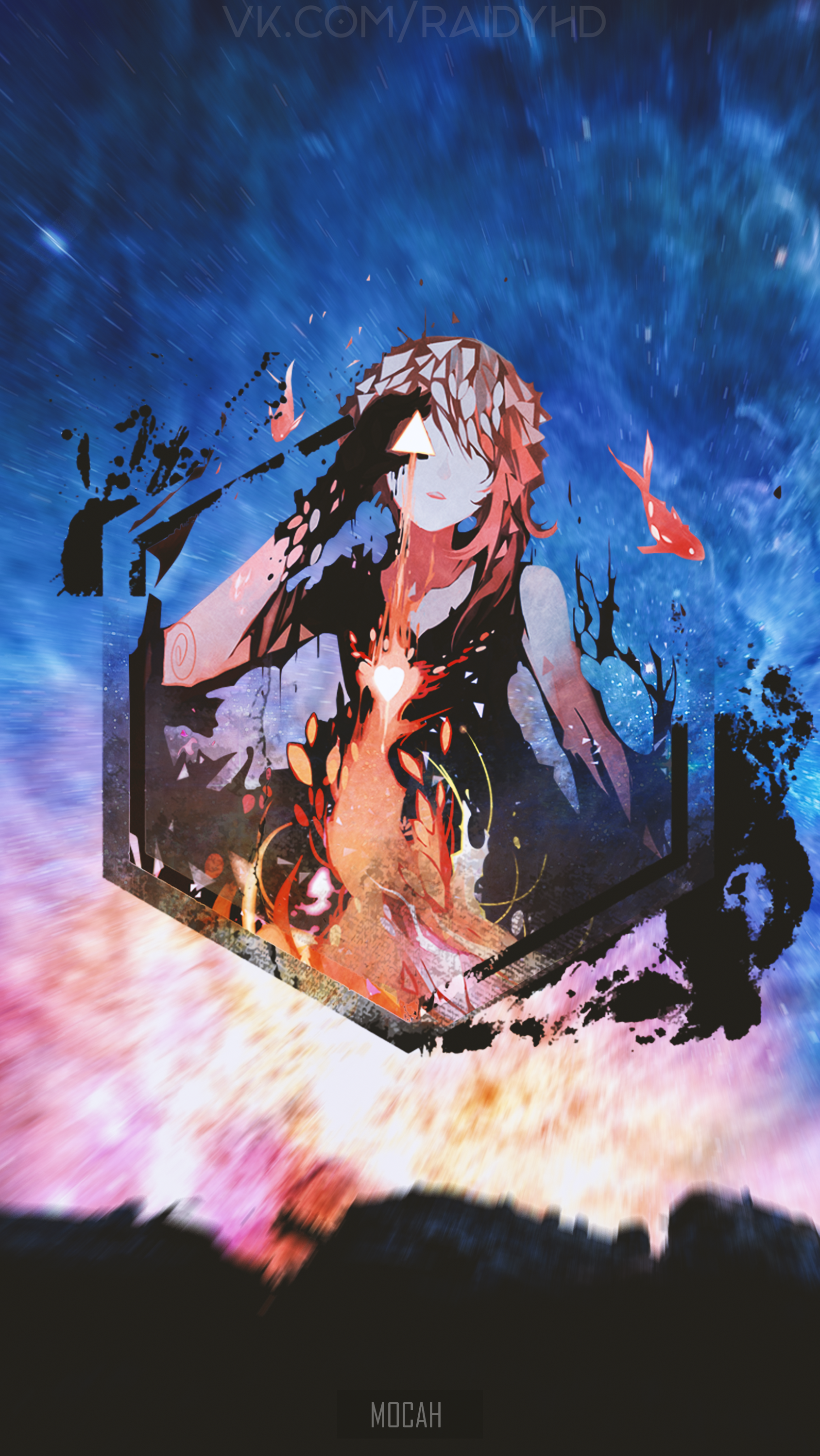 Anime girl with fiery heart and goldfish HD Phone Wallpaper