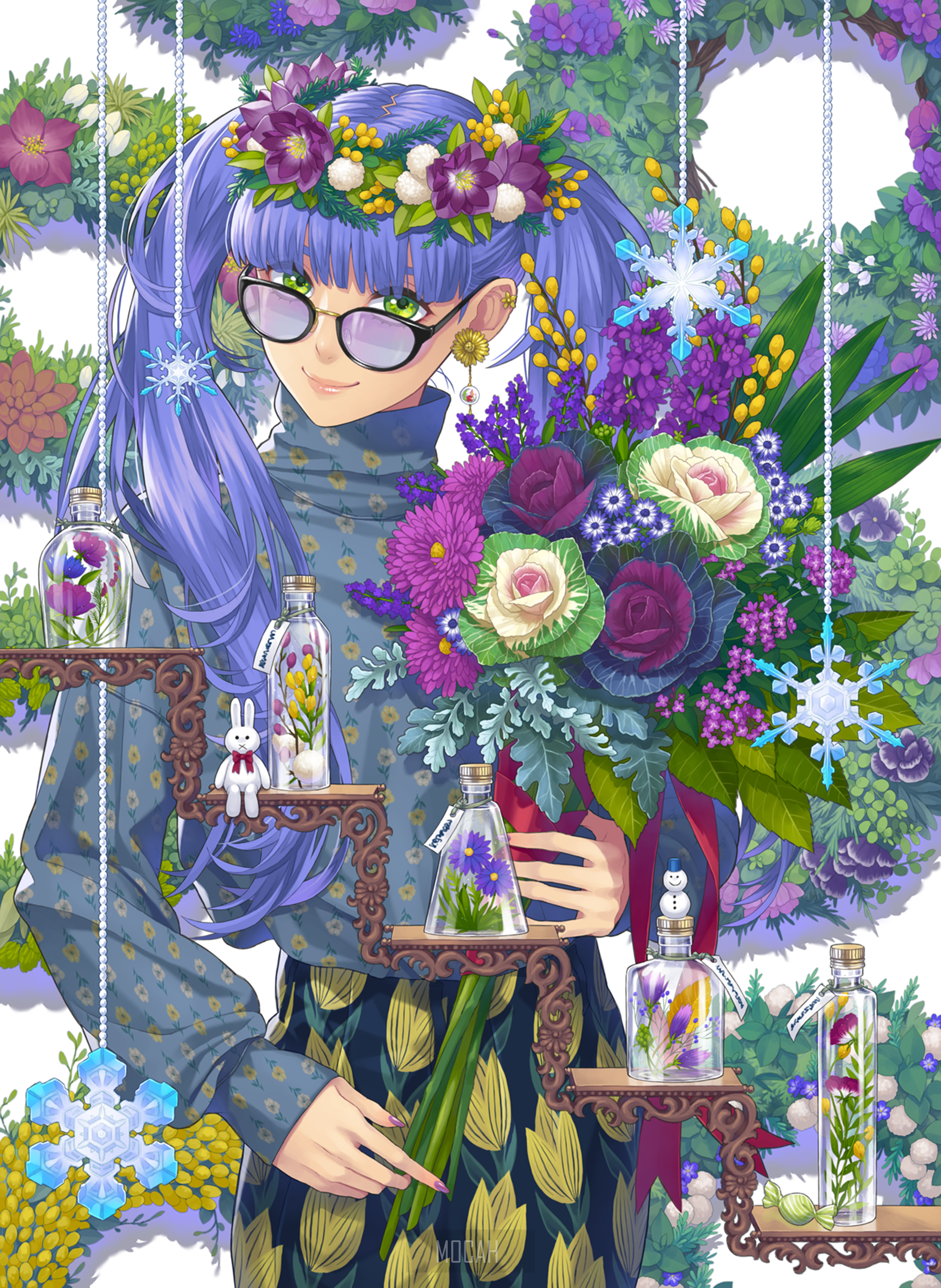 Anime girl with blue hair and glasses holding flowers HD Phone Wallpaper