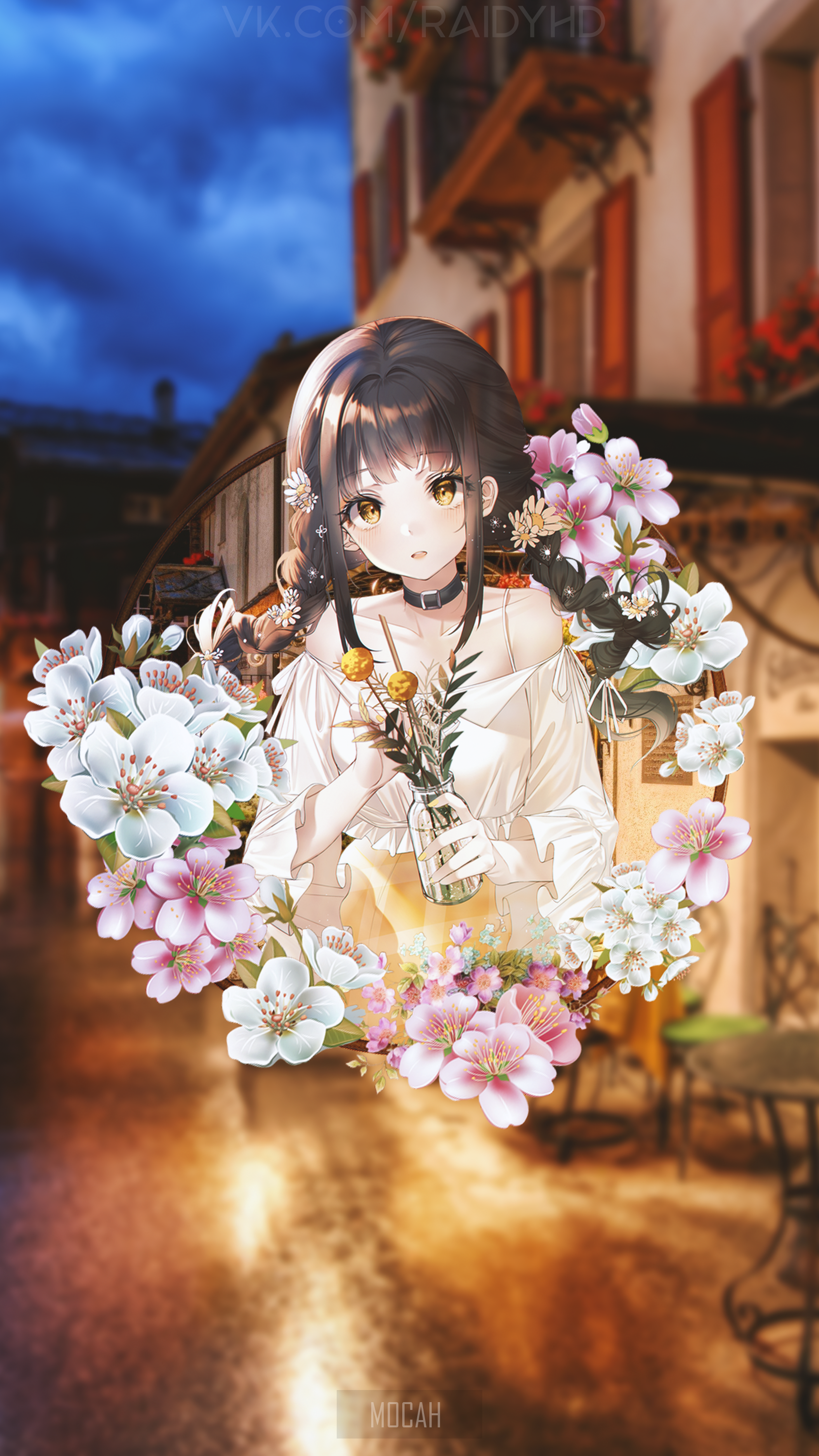 Anime girl with flowers in a street at night HD Phone Wallpaper