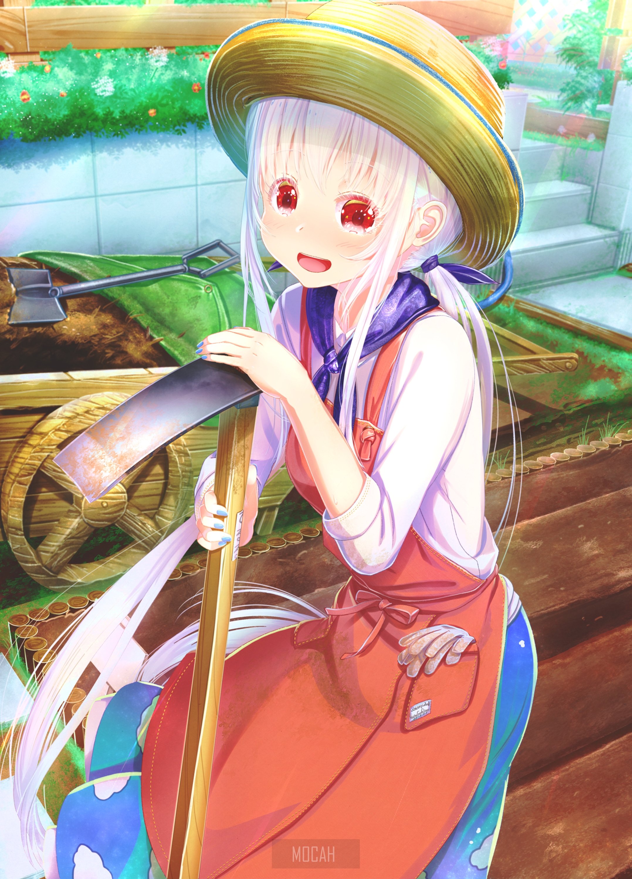 Anime girl with white hair and red eyes gardening HD Phone Wallpaper