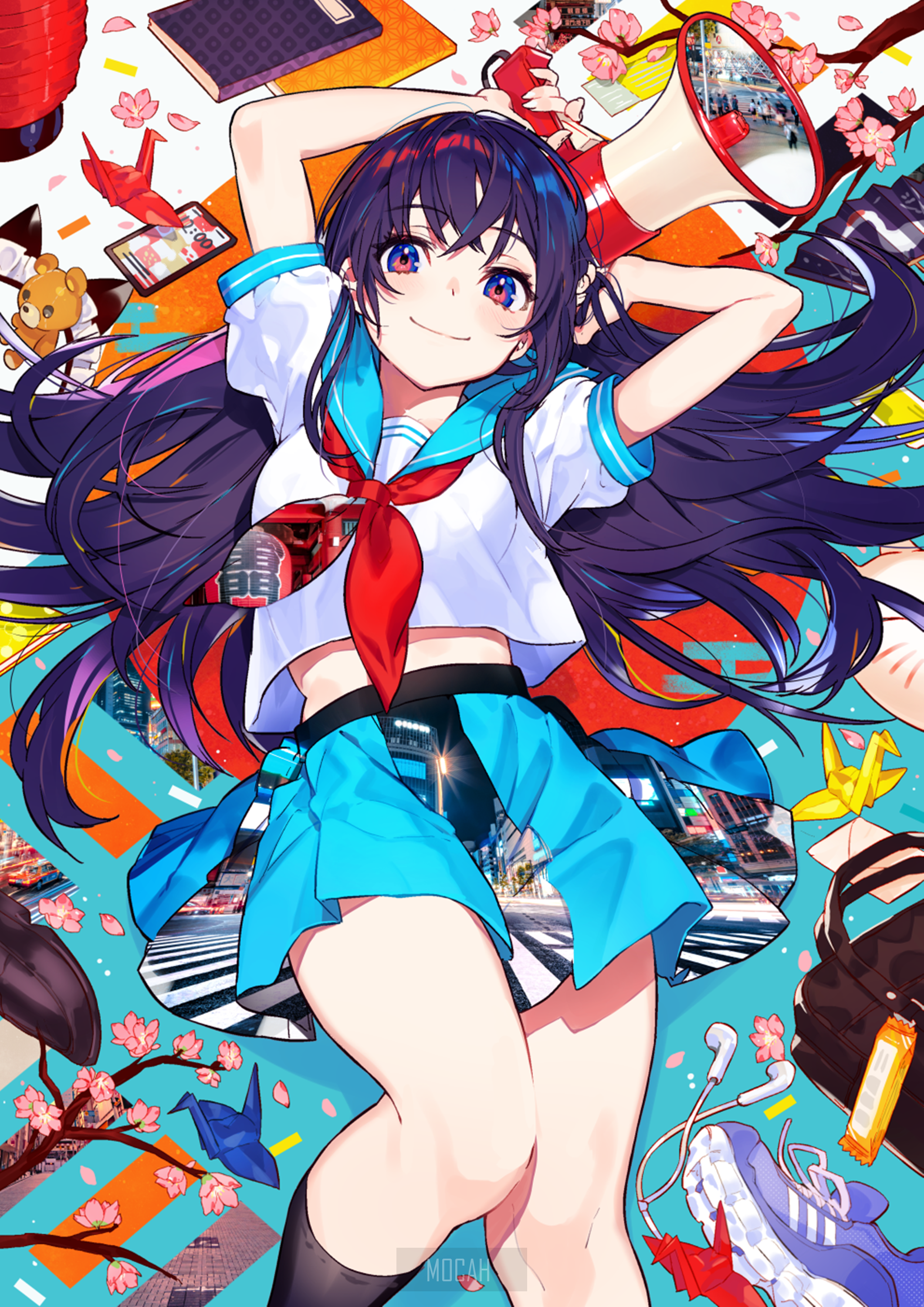 Anime girl with black hair and blue skirt holding megaphone HD Phone Wallpaper