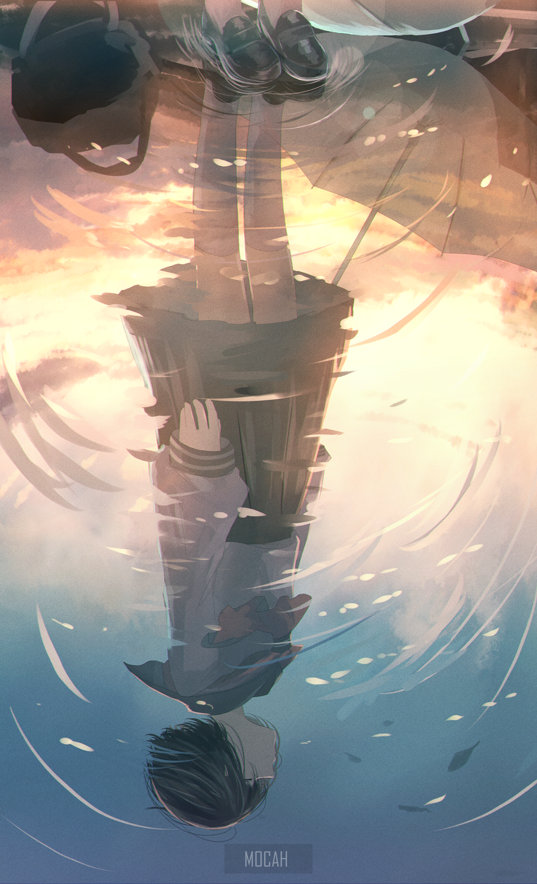 Anime girl in school uniform reflected in water HD Phone Wallpaper