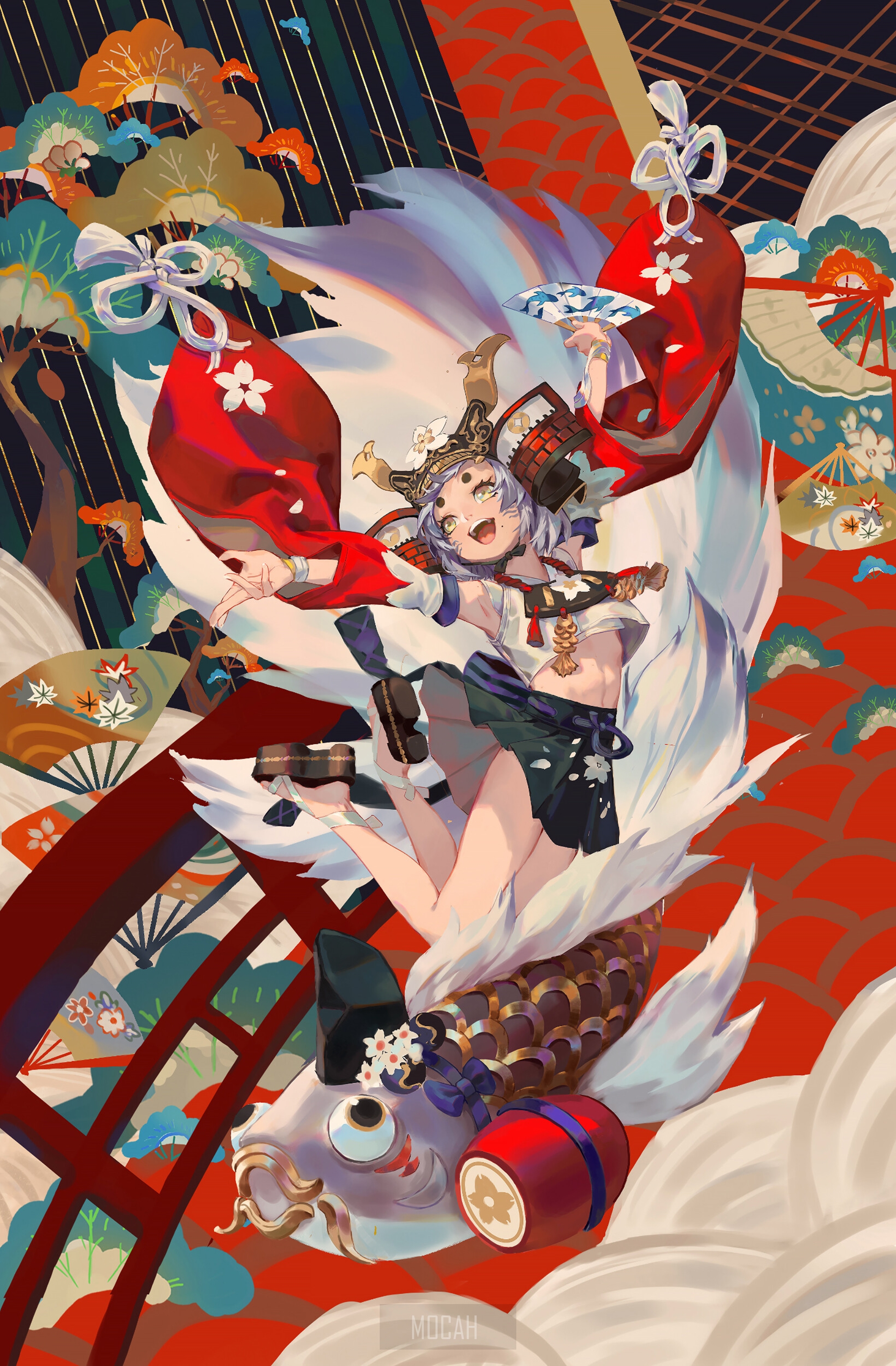 Anime girl with fox tail and koi fish HD Phone Wallpaper