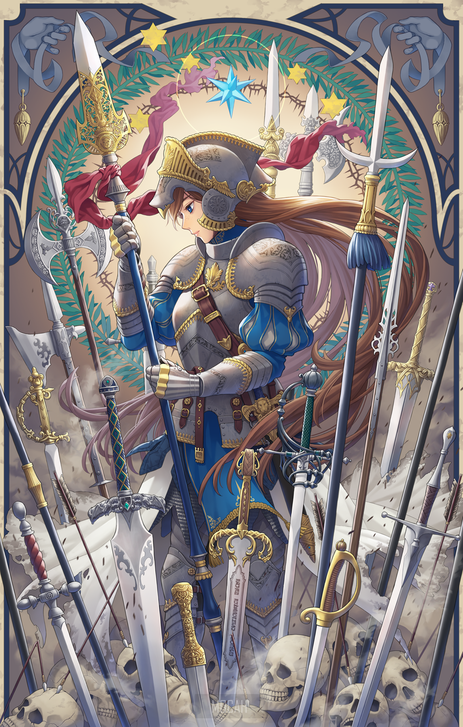 Anime girl in armor holding a spear surrounded by swords and skulls HD Phone Wallpaper