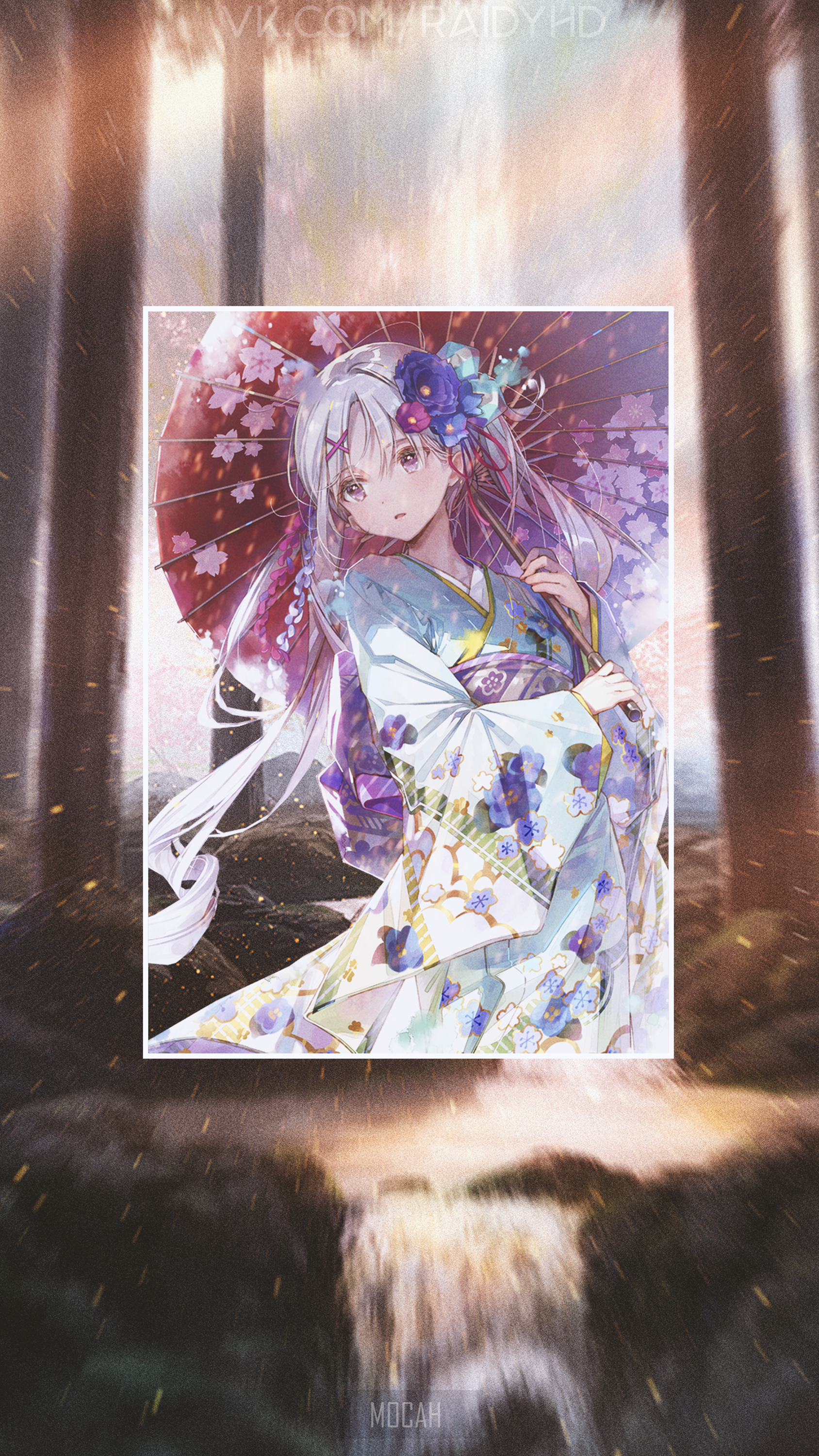 Anime girl in kimono holding an umbrella HD Phone Wallpaper