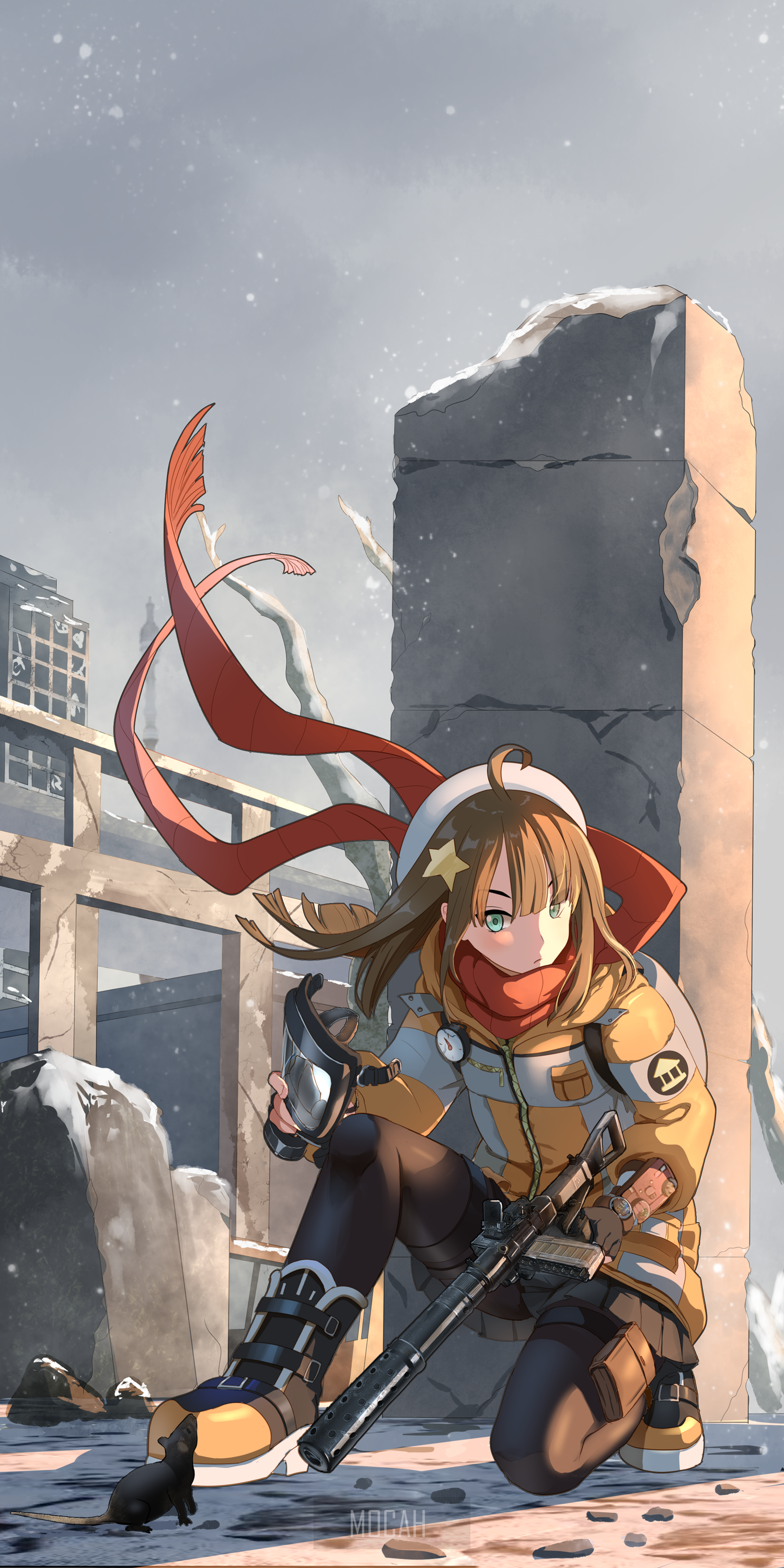 Anime girl with rifle in post-apocalyptic city HD Phone Wallpaper