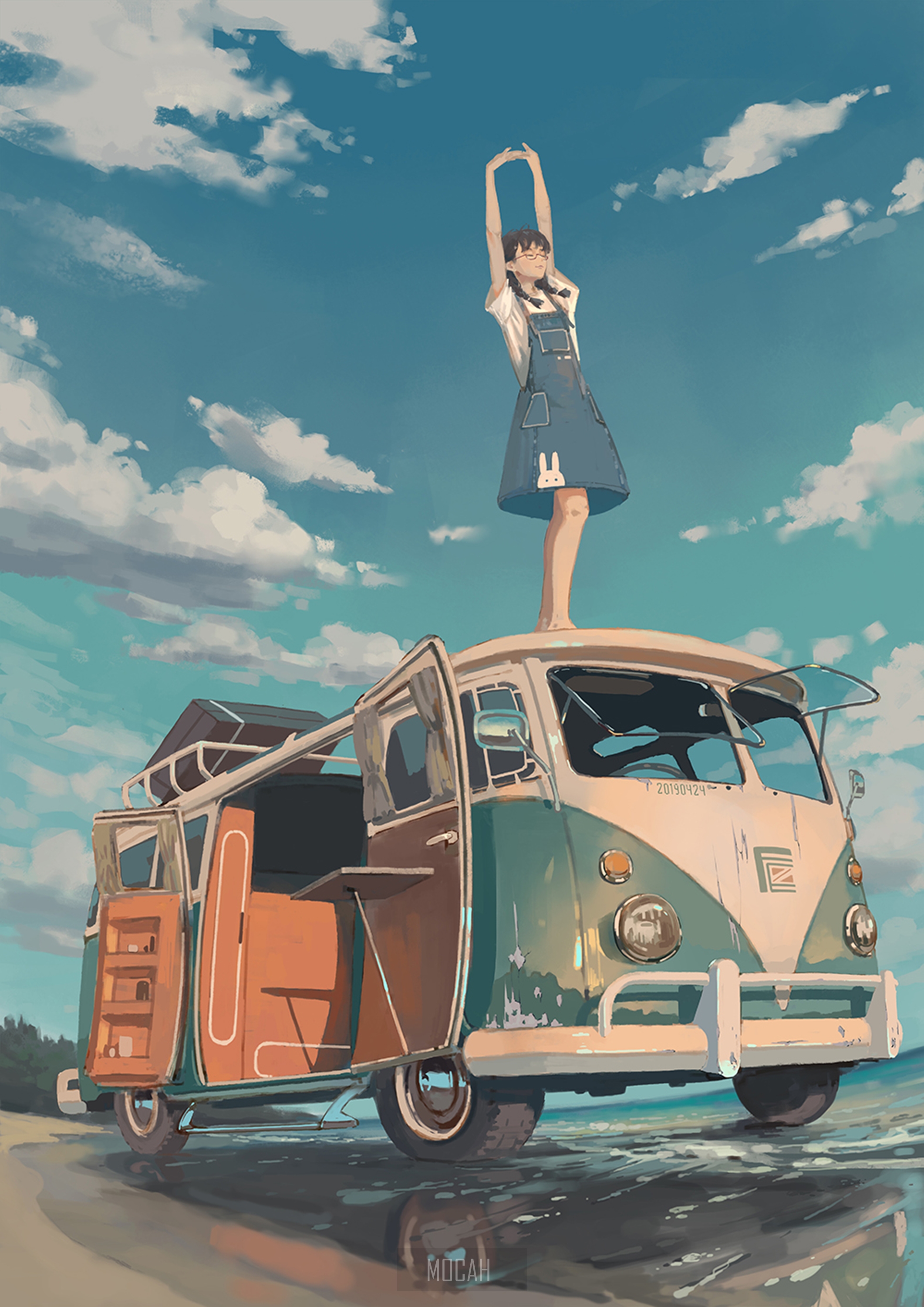 Anime Girl Standing on VW Kombi Under Blue Sky HD Phone Wallpaper