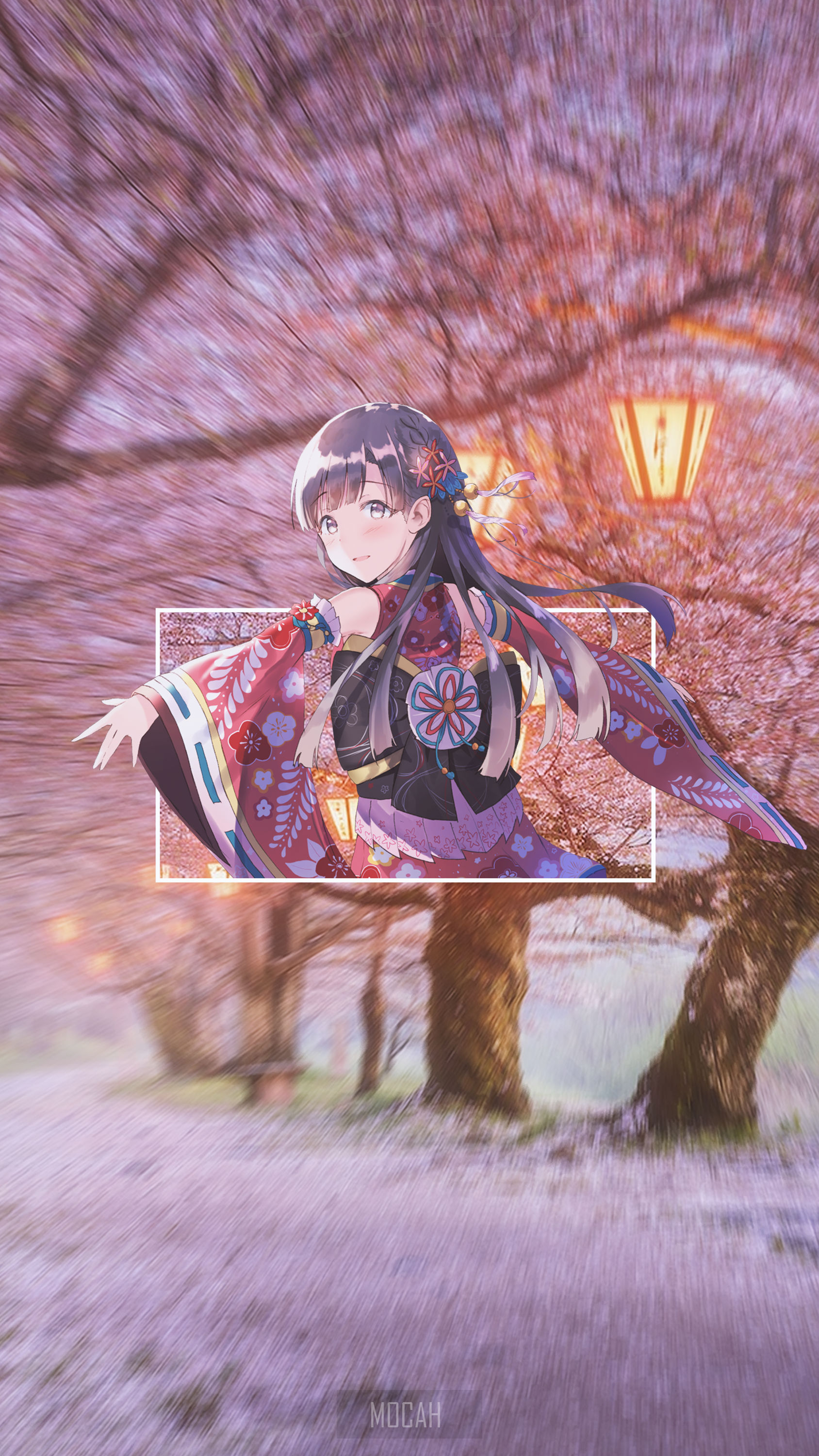 Anime girl in kimono with cherry blossoms HD Phone Wallpaper