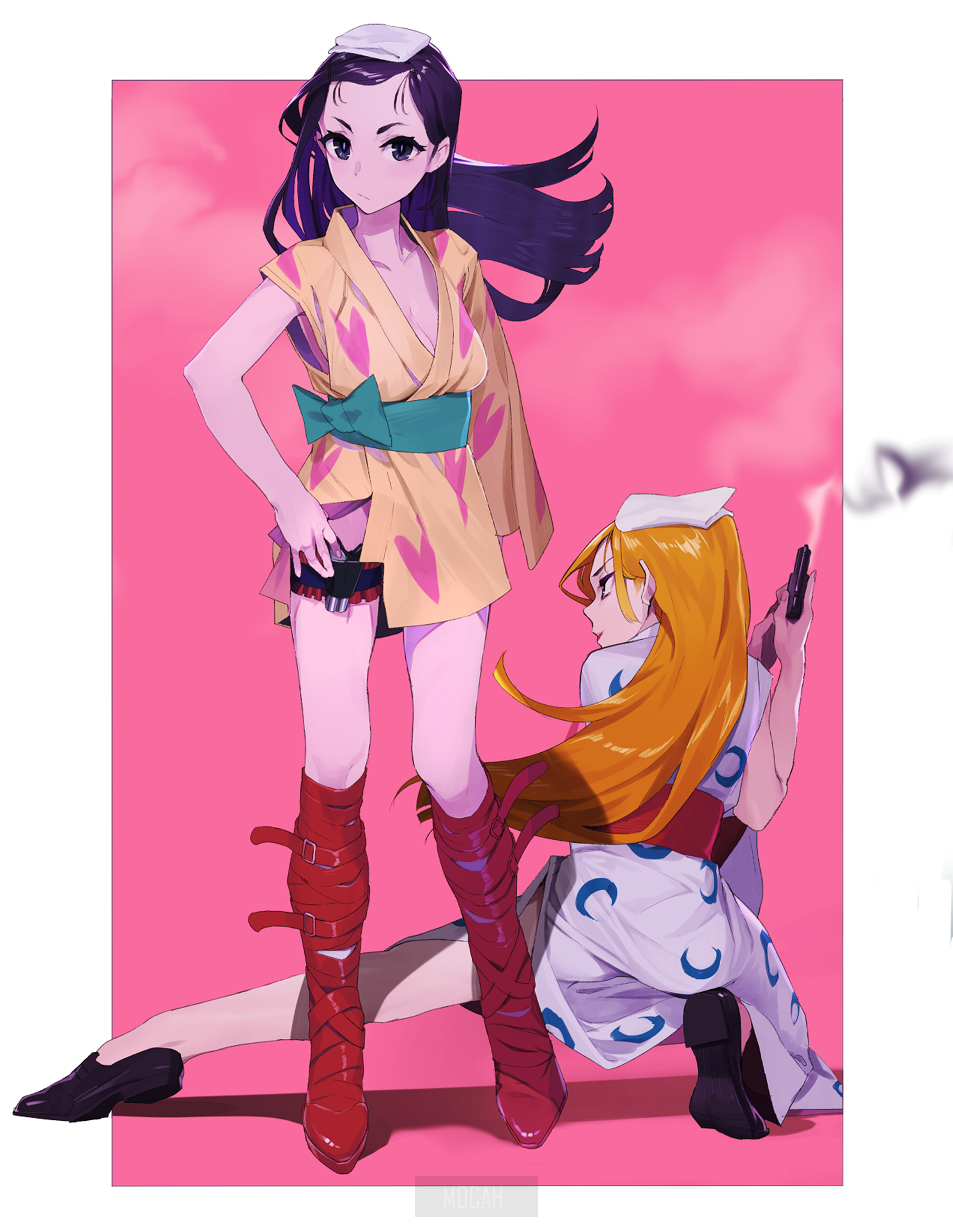 Two anime girls with guns and kimonos HD Phone Wallpaper