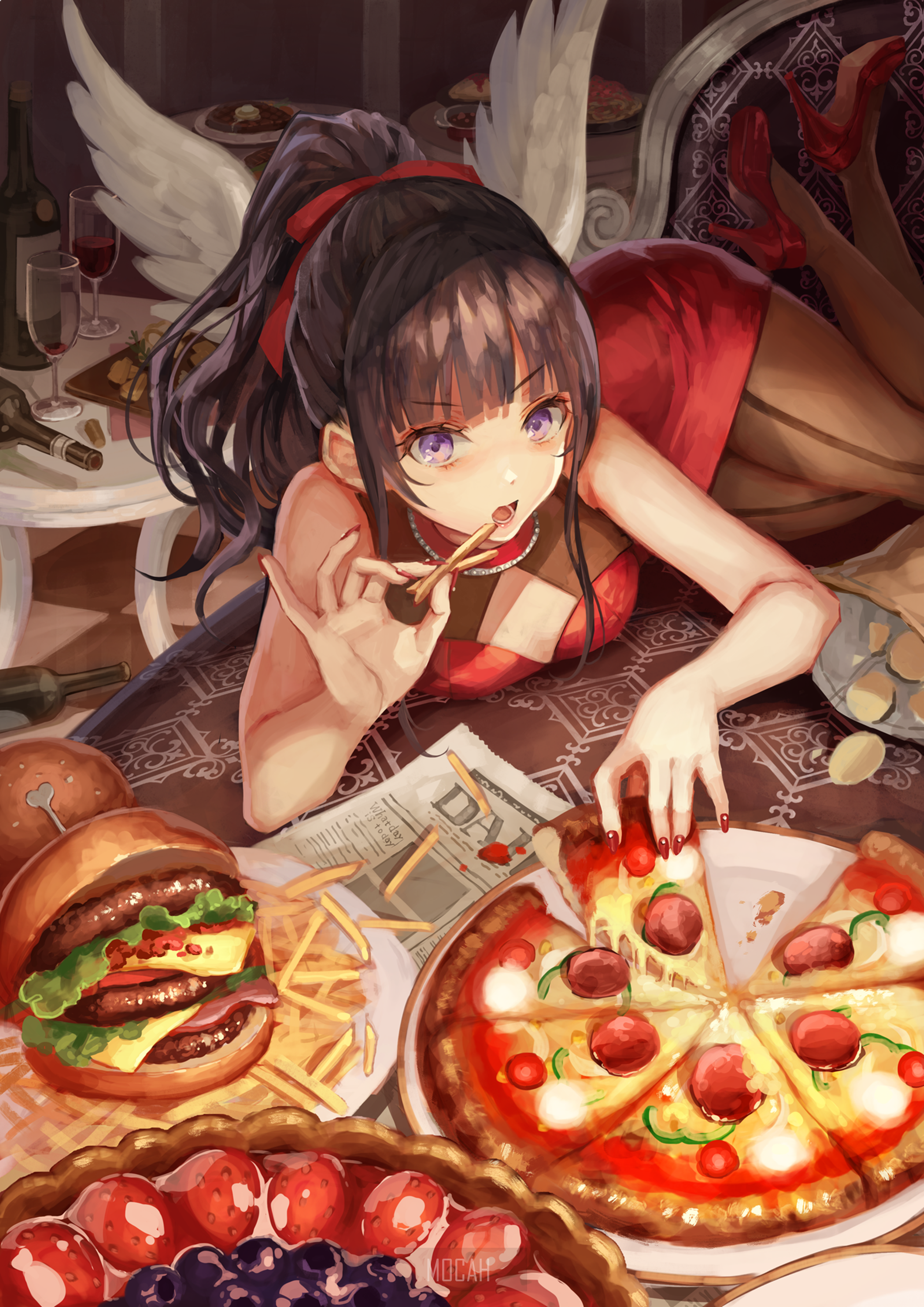 Anime girl with wings eating fast food HD Phone Wallpaper