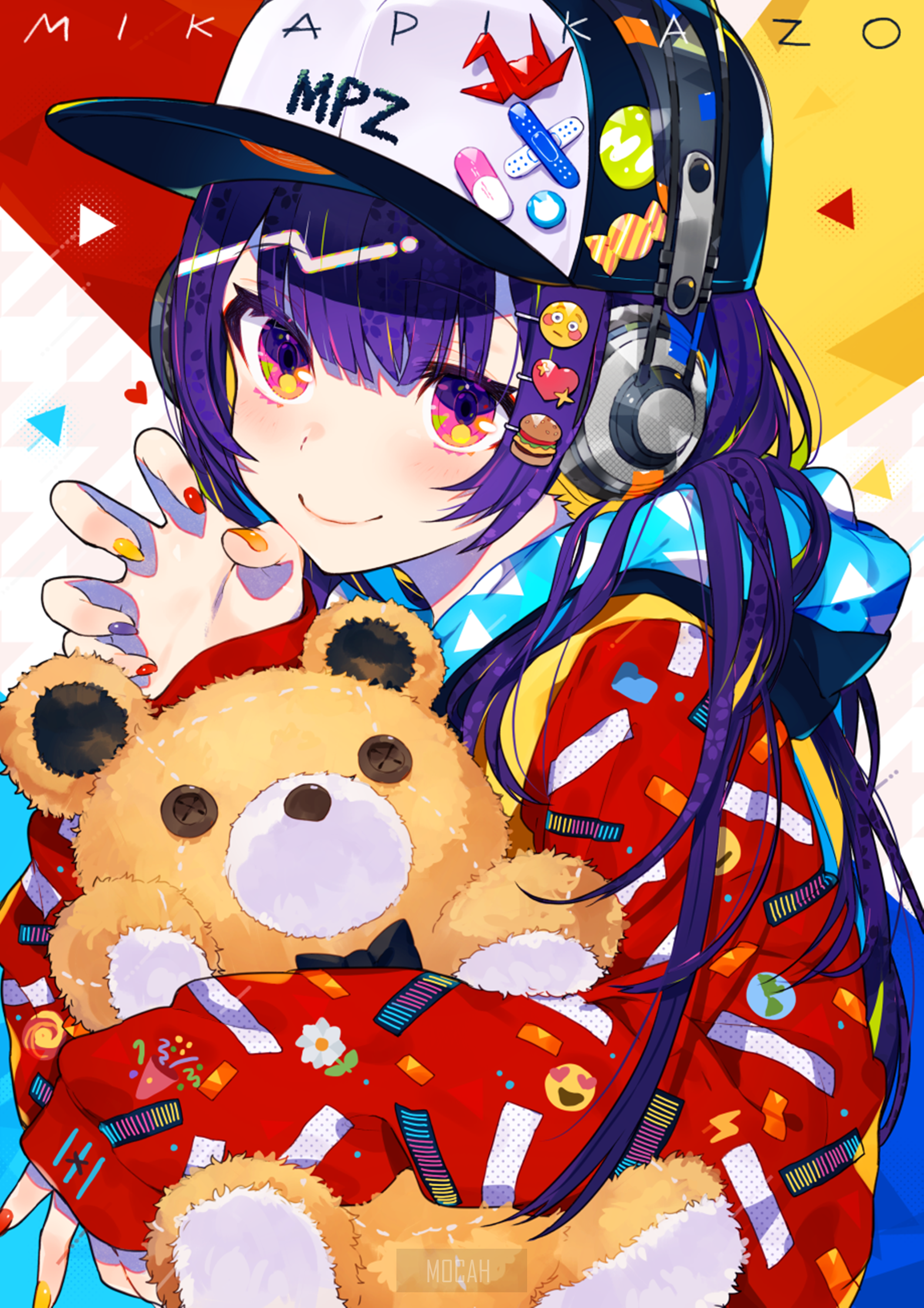 Anime girl with teddy bear and headphones HD Phone Wallpaper