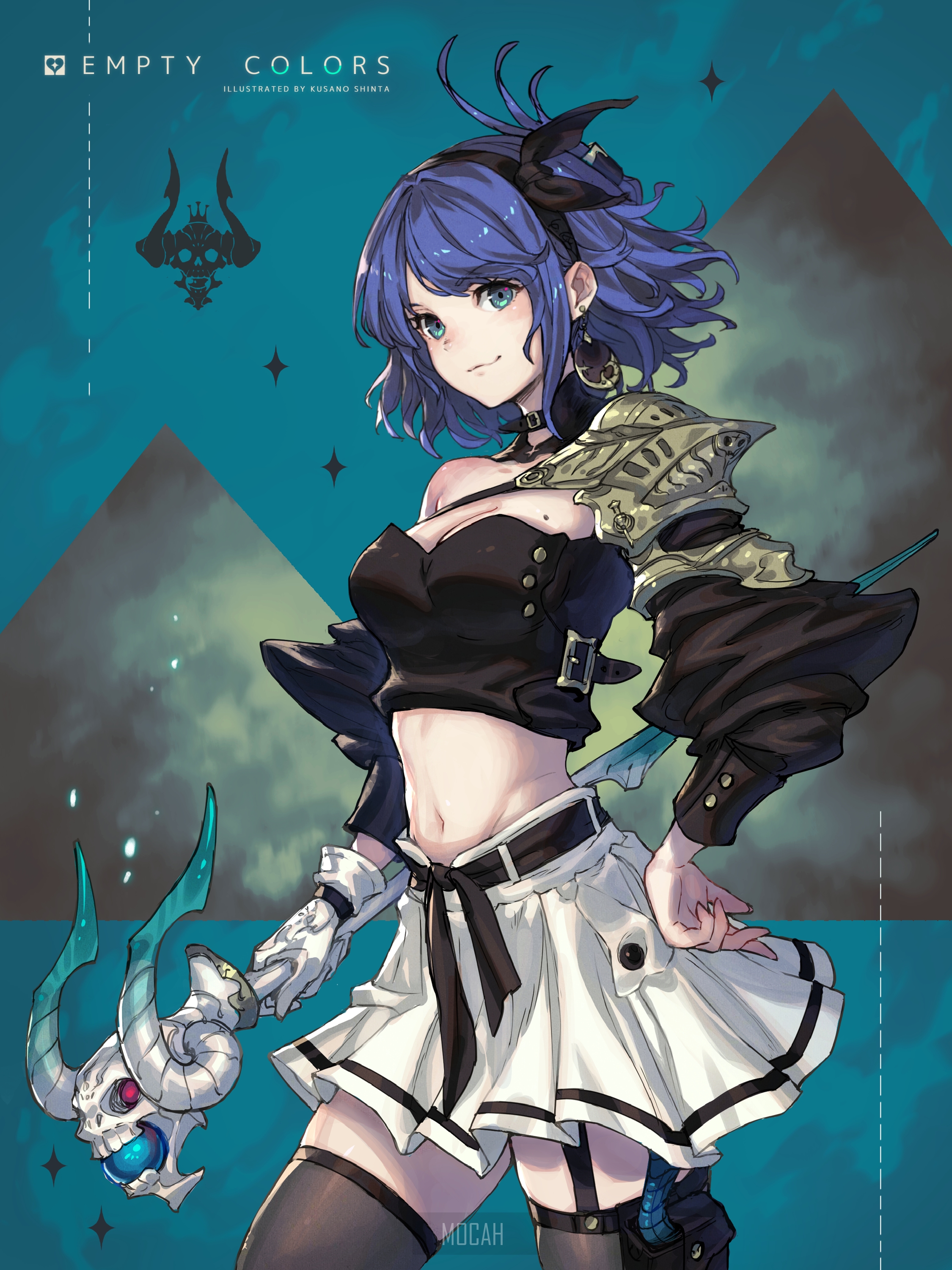 Anime girl with blue hair and staff HD Phone Wallpaper