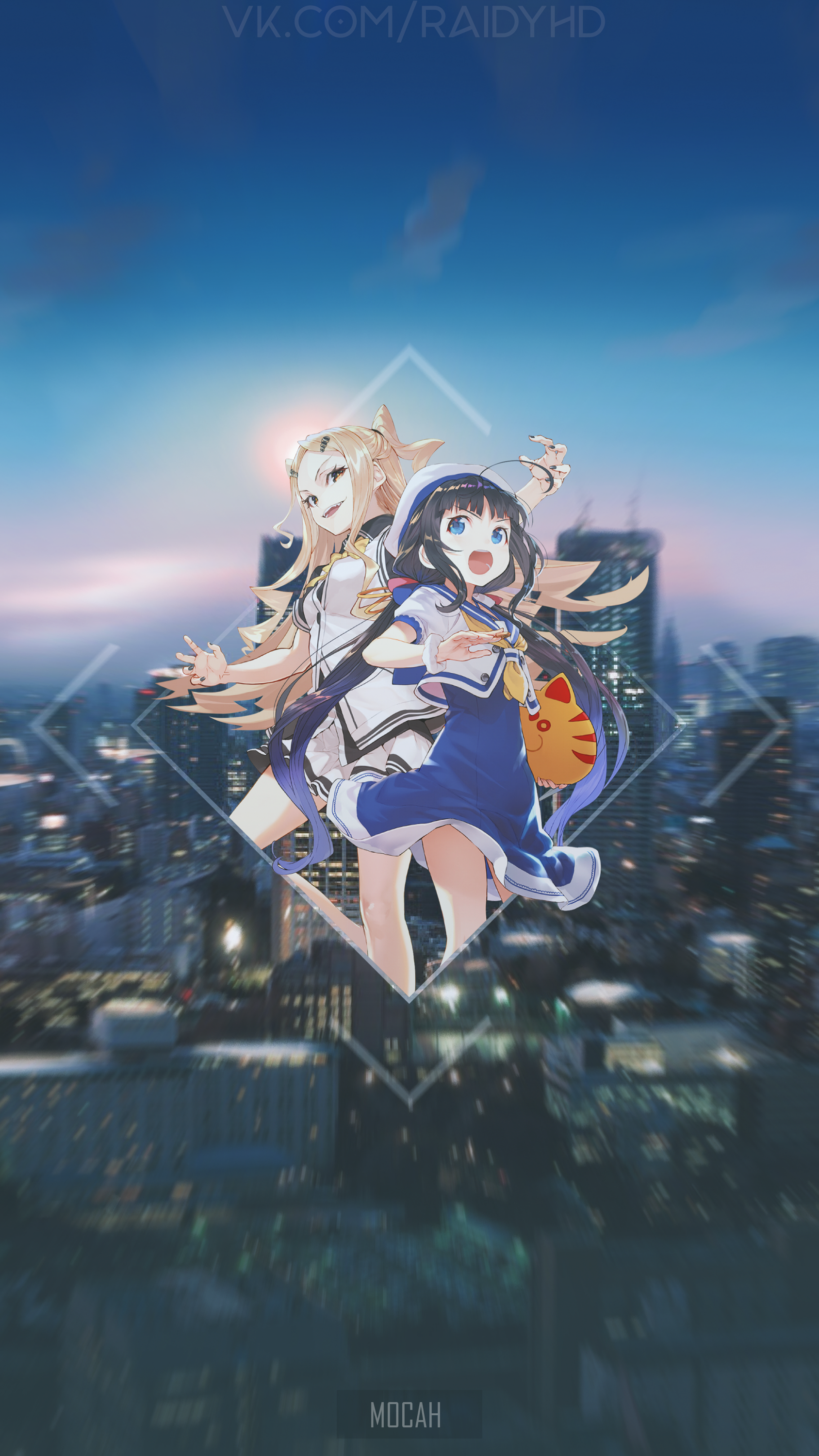Two anime girls in front of a city skyline HD Phone Wallpaper